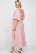 PinkBlush Mauve Textured Dot Front Tie Ruffle Sleeve Maternity Midi DressEveretts Place