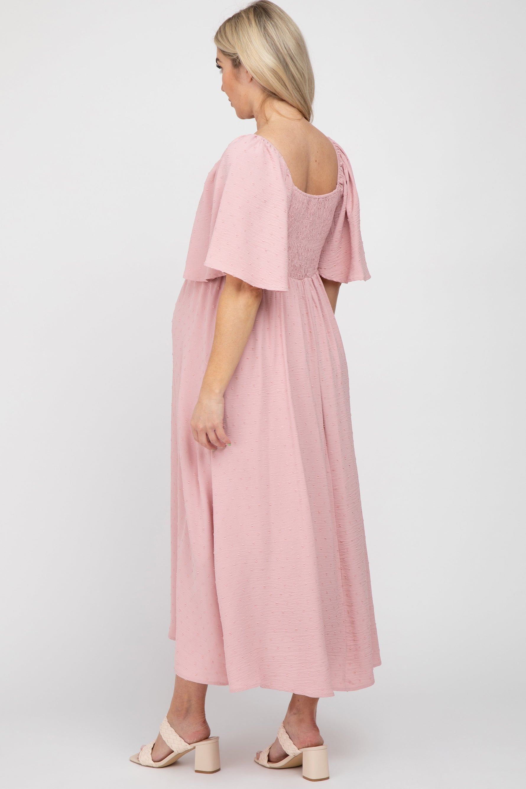 PinkBlush Mauve Textured Dot Front Tie Ruffle Sleeve Maternity Midi DressEveretts Place