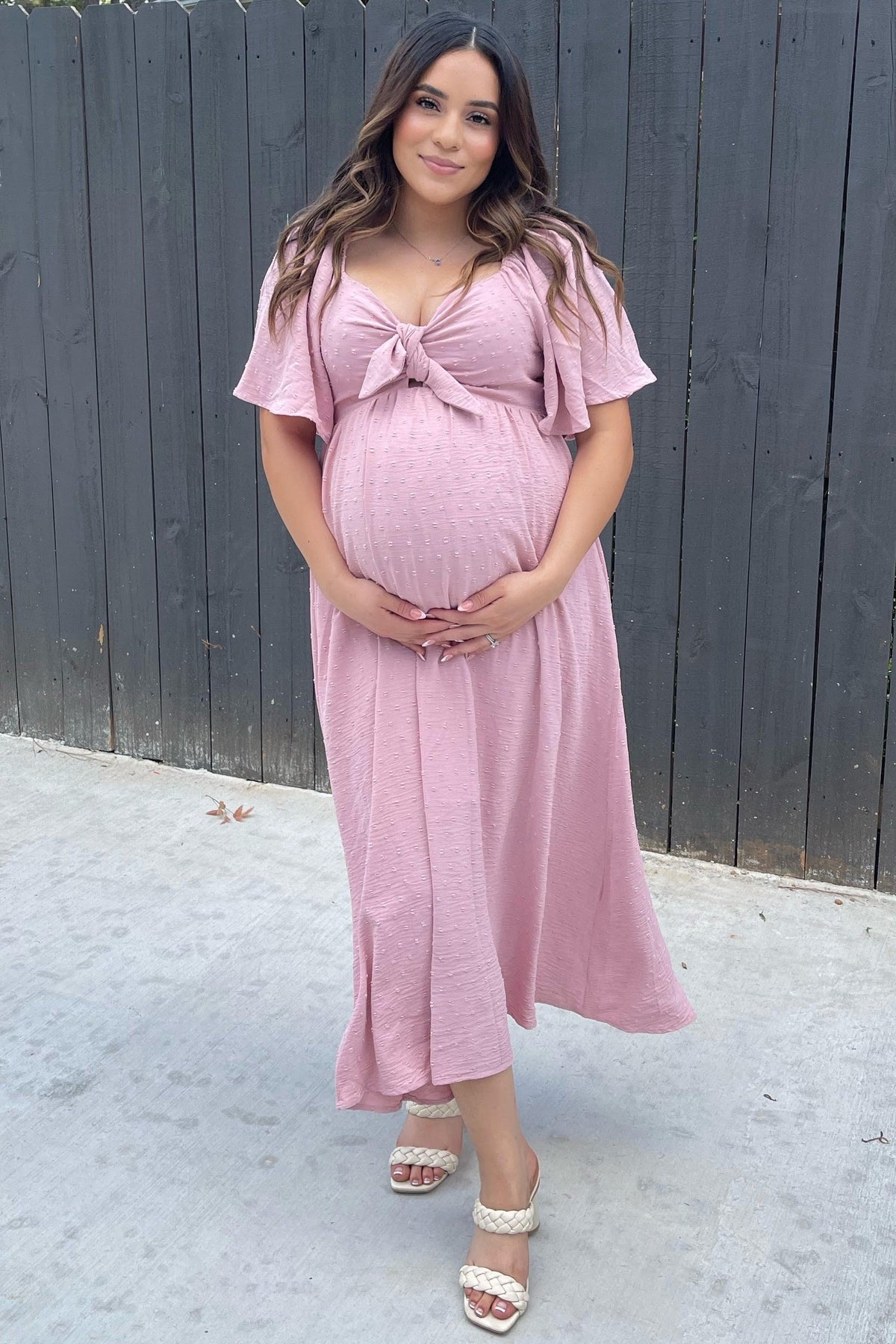 PinkBlush Mauve Textured Dot Front Tie Ruffle Sleeve Maternity Midi DressEveretts Place