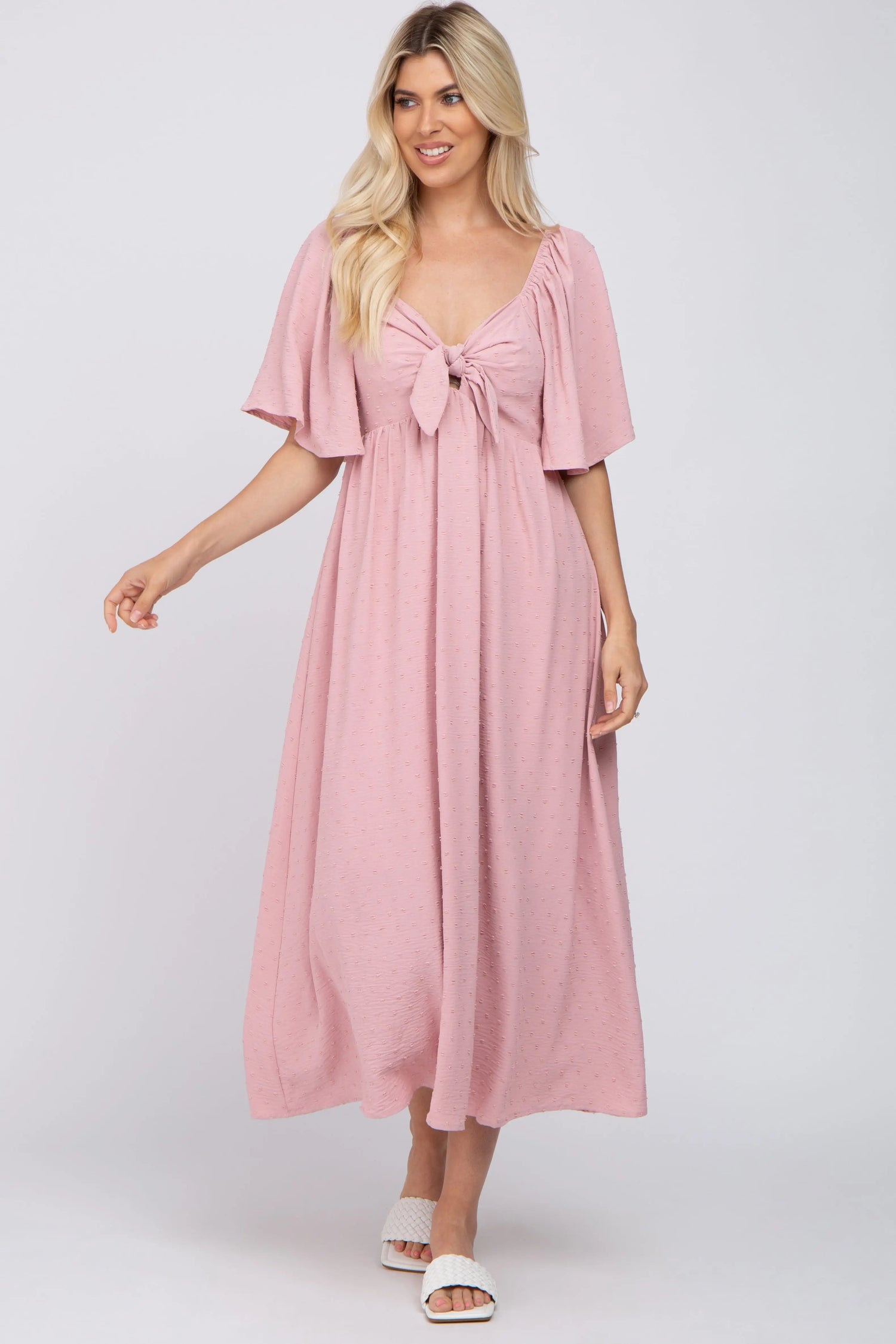 Mauve Textured Dot Front Tie Ruffle Sleeve Midi Dress - Pink, Day Dress, Dress, One-piece garment, Ruffle | Everetts Place