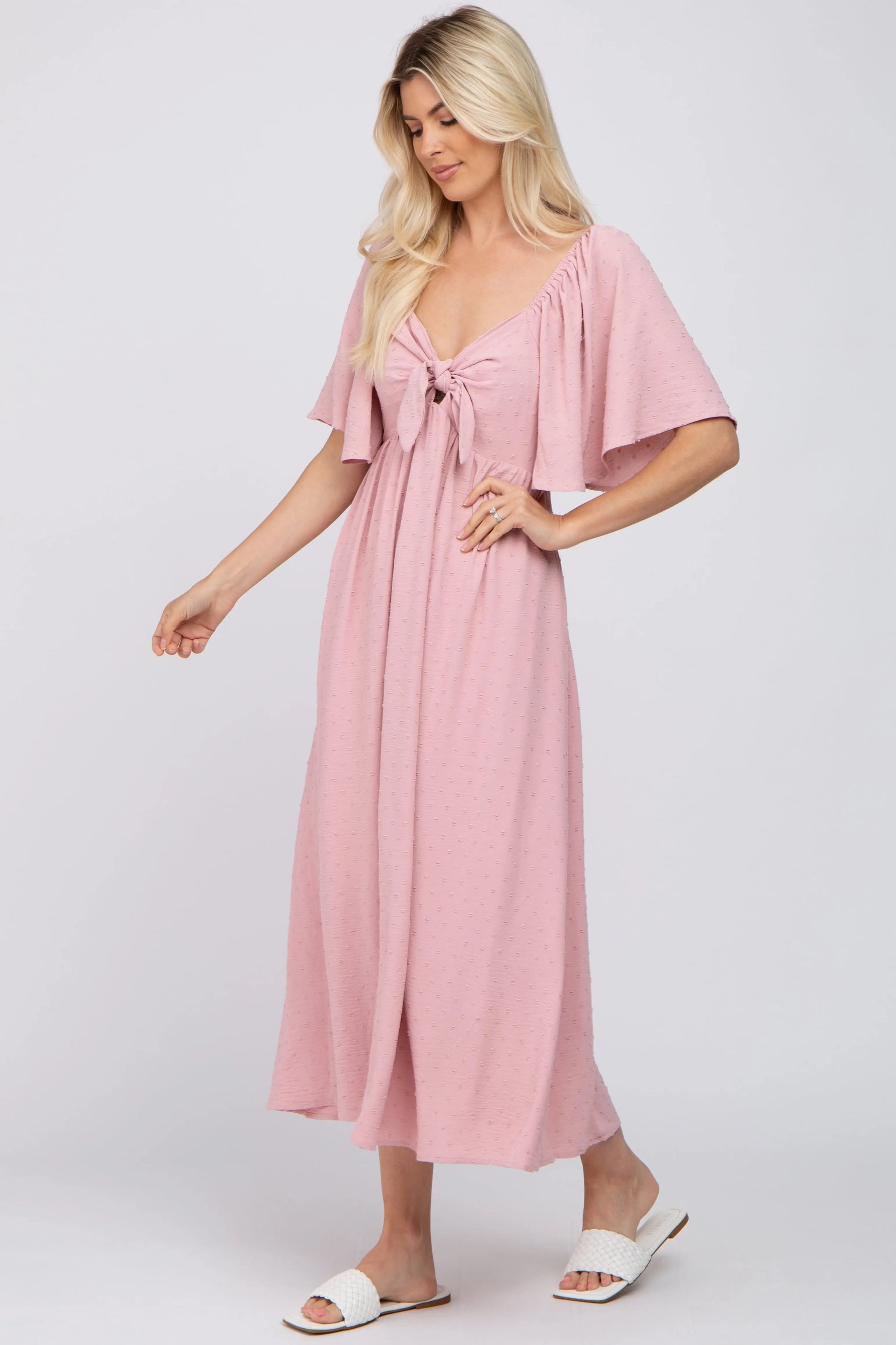 PinkBlush Mauve Textured Dot Front Tie Ruffle Sleeve Midi Dress - 