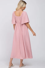 PinkBlush Mauve Textured Dot Front Tie Ruffle Sleeve Midi Dress - 