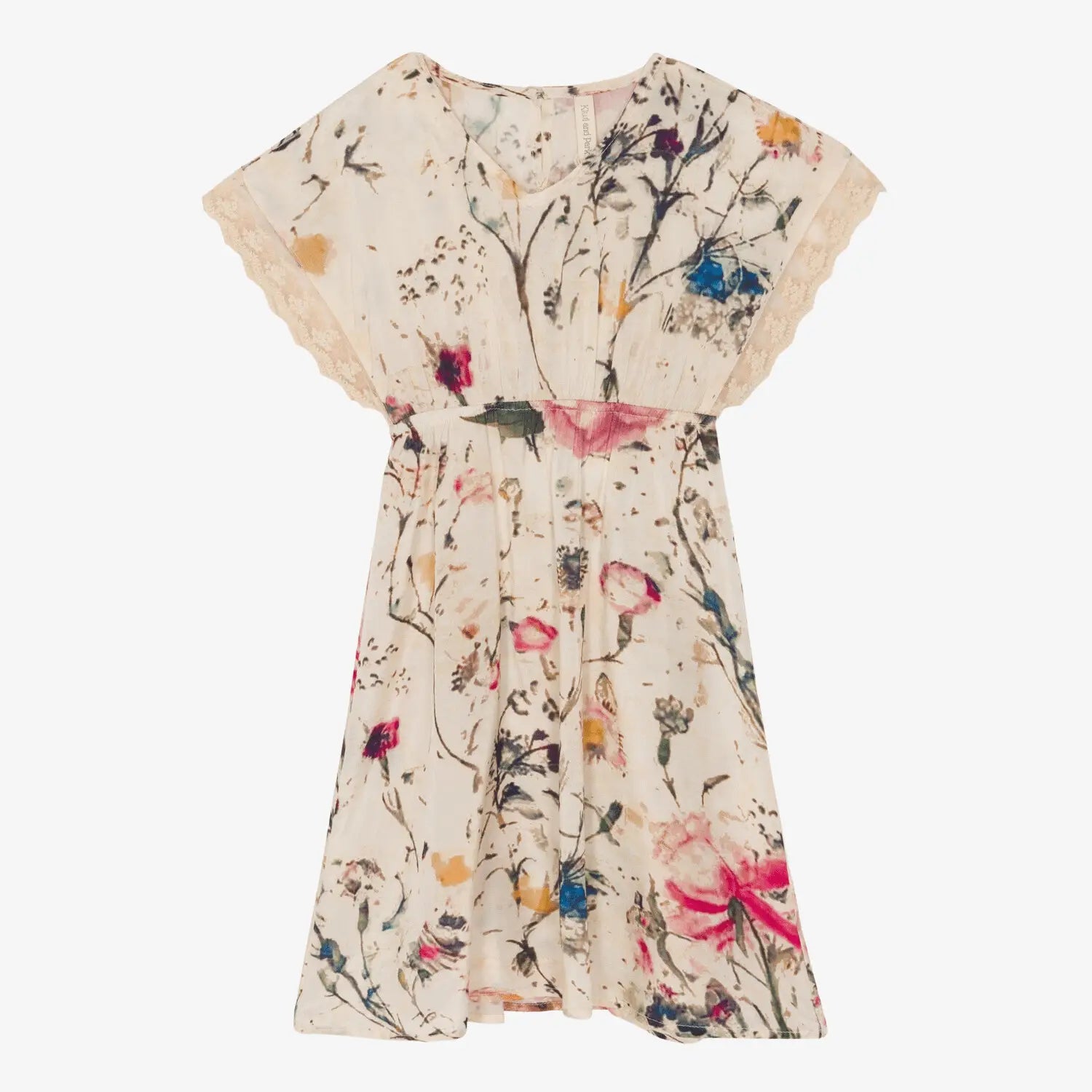 Bestaroo Maya Dress In Cream With Floral Print And Lace Trim Sleeves Elastic Waist - 