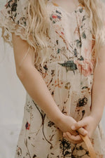 Bestaroo Maya Dress In Cream With Floral Print And Lace Trim Sleeves Elastic Waist - 