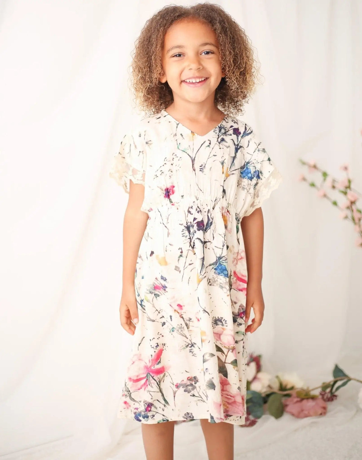 Bestaroo Maya Dress In Cream With Floral Print And Lace Trim Sleeves Elastic Waist - 