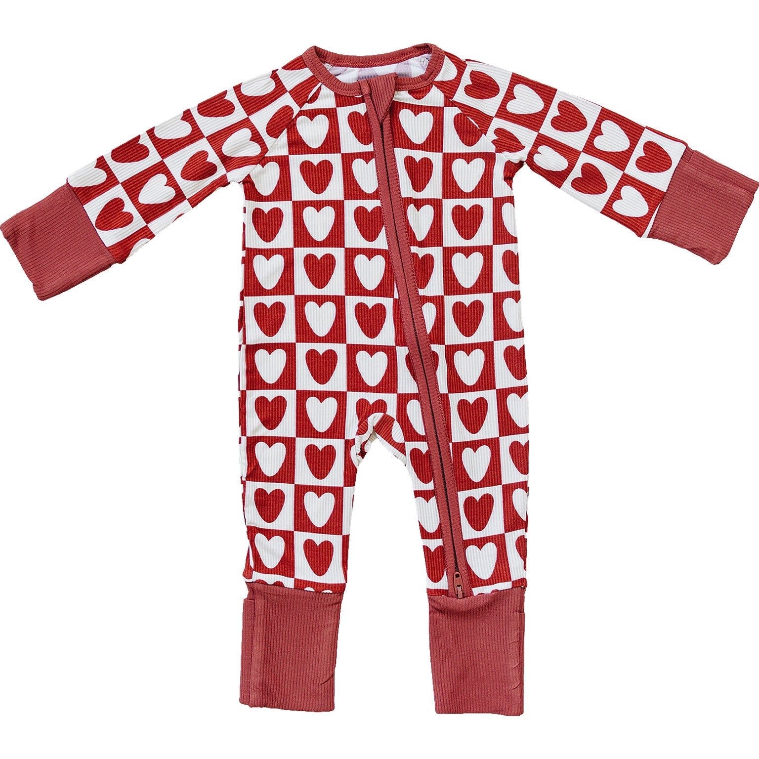 Mebie Baby Mebie Baby Checkered Hearts Ribbed Bamboo Zipper Sleepwear - 