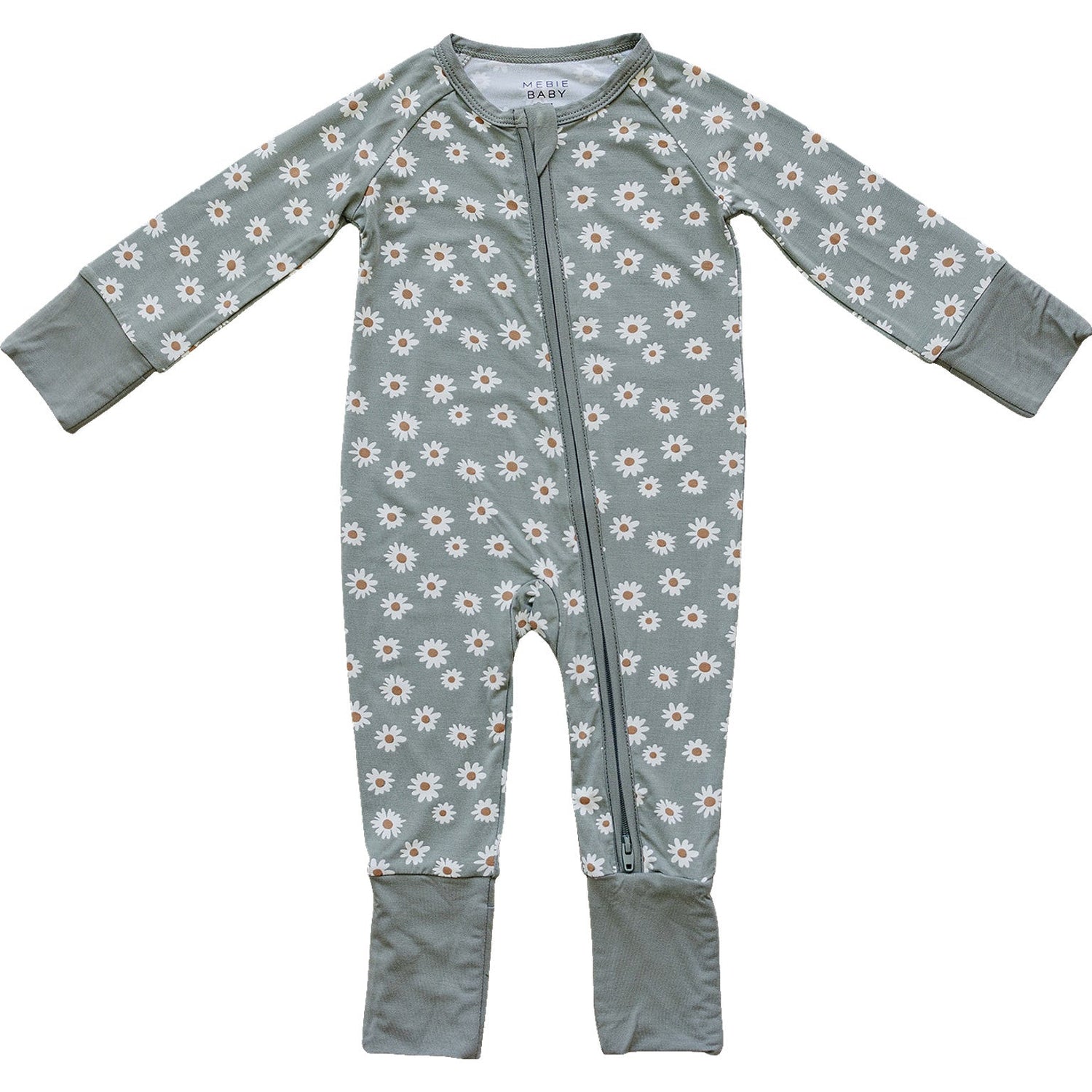 Mebie Baby Mebie Baby Light Green Daisy Bamboo Zipper Footed Pajamas Double Zipper - 