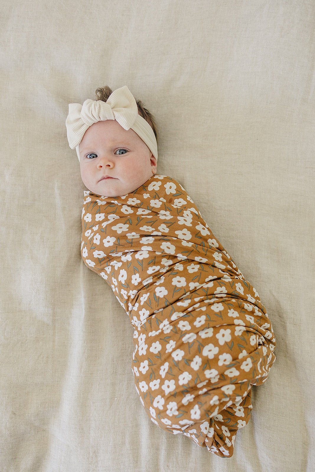 Mebie Baby Mebie Baby Mustard Floral Ribbed Bamboo Stretch Swaddle For Newborns - 