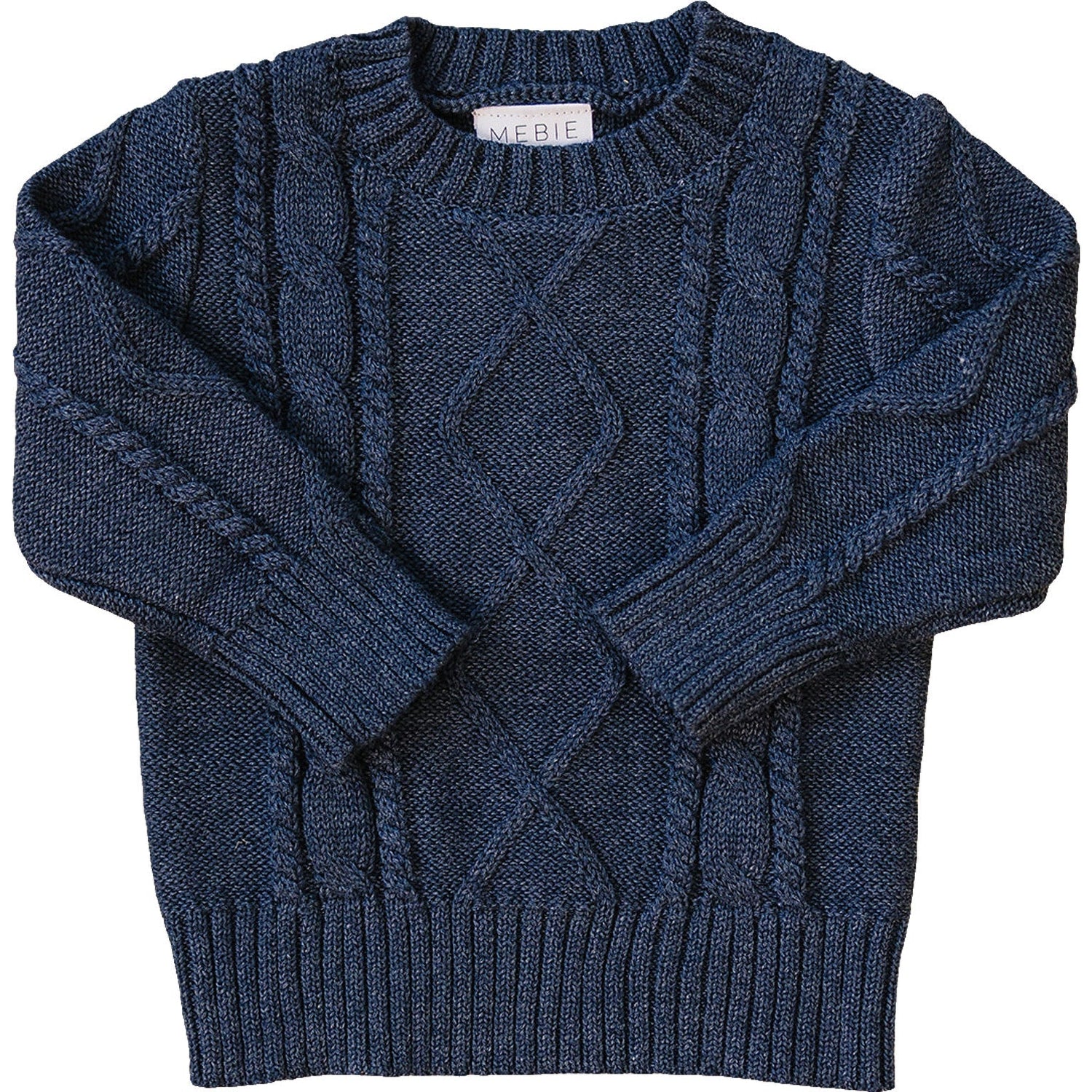 Navy cable knit baby sweater with snug cuffs and a classic textured knit pattern.