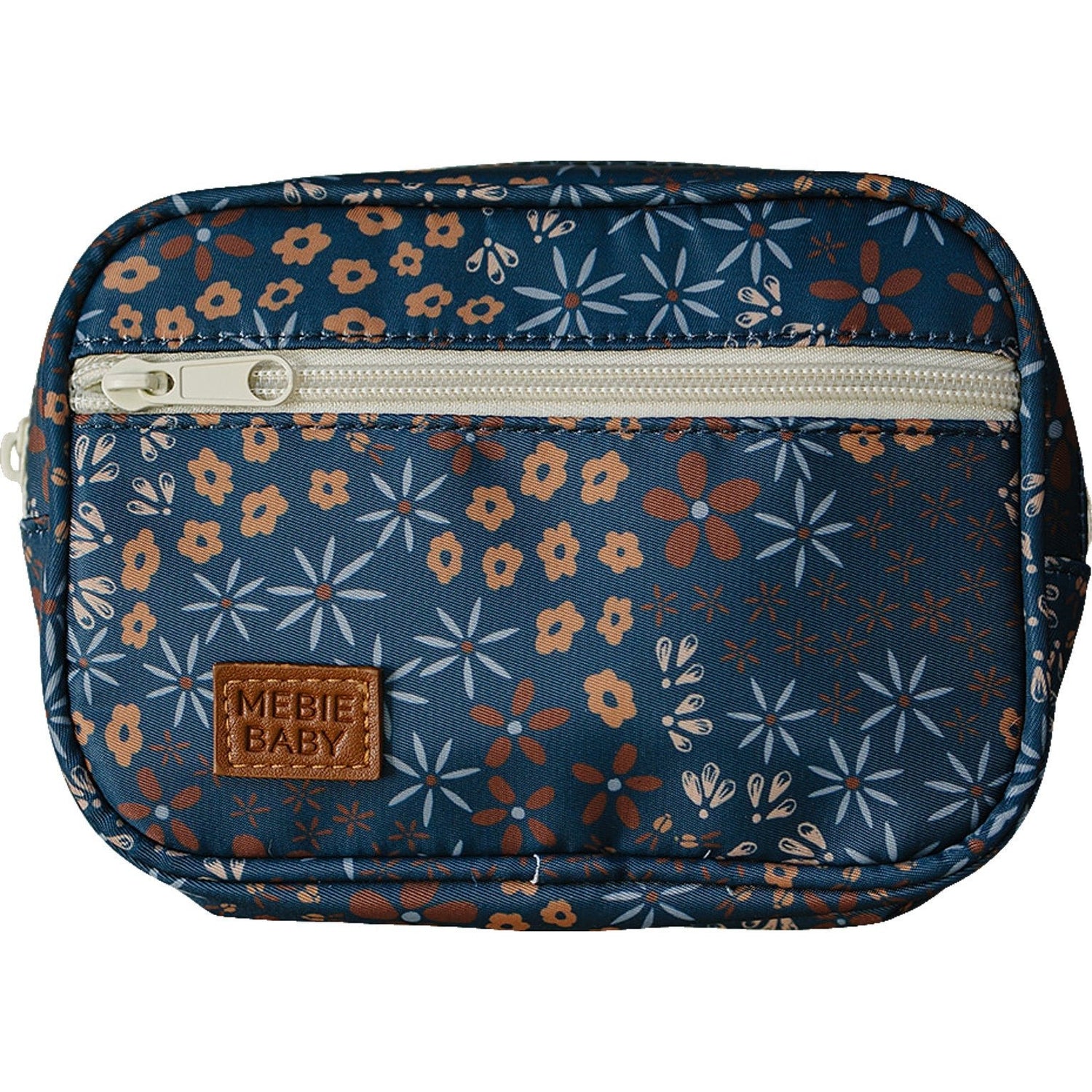 Navy mini fanny pack with a floral pattern and an adjustable strap