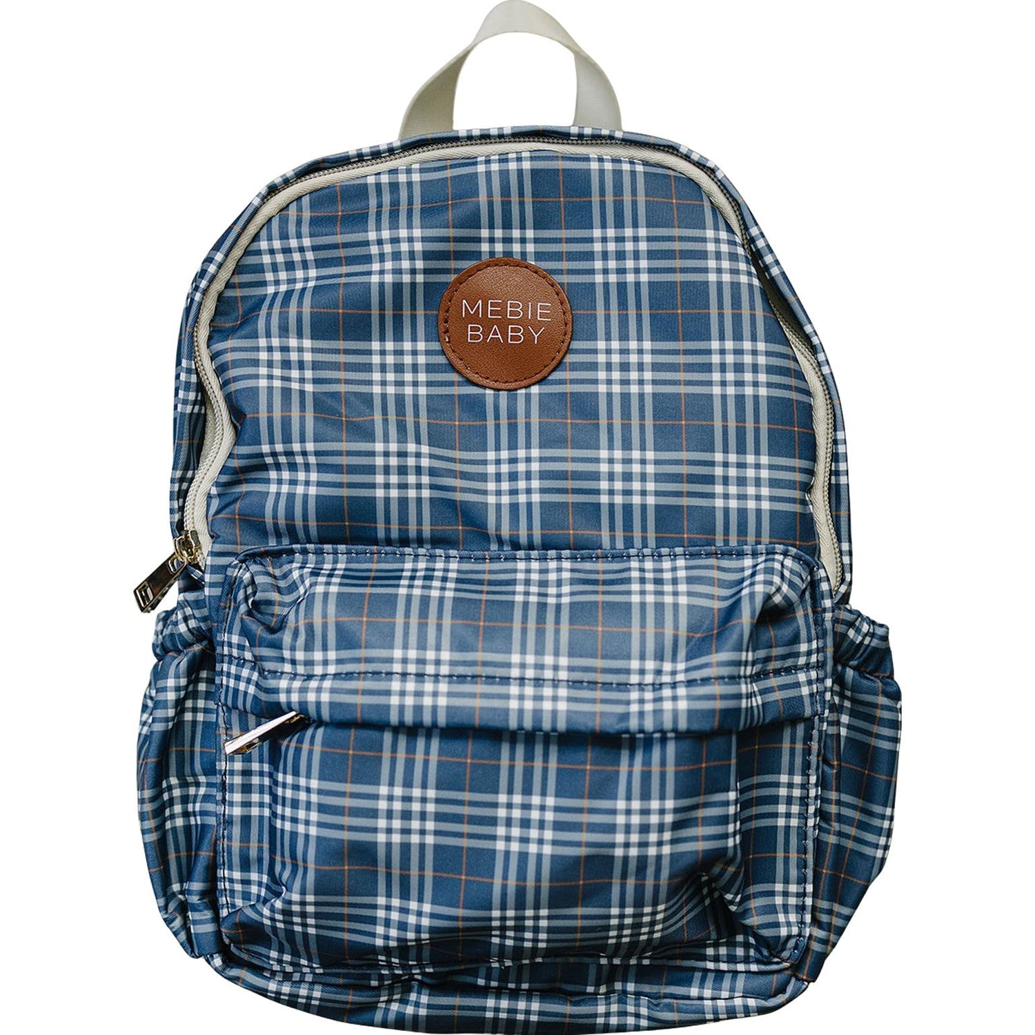 Navy plaid mini backpack with adjustable shoulder straps and a front pocket.