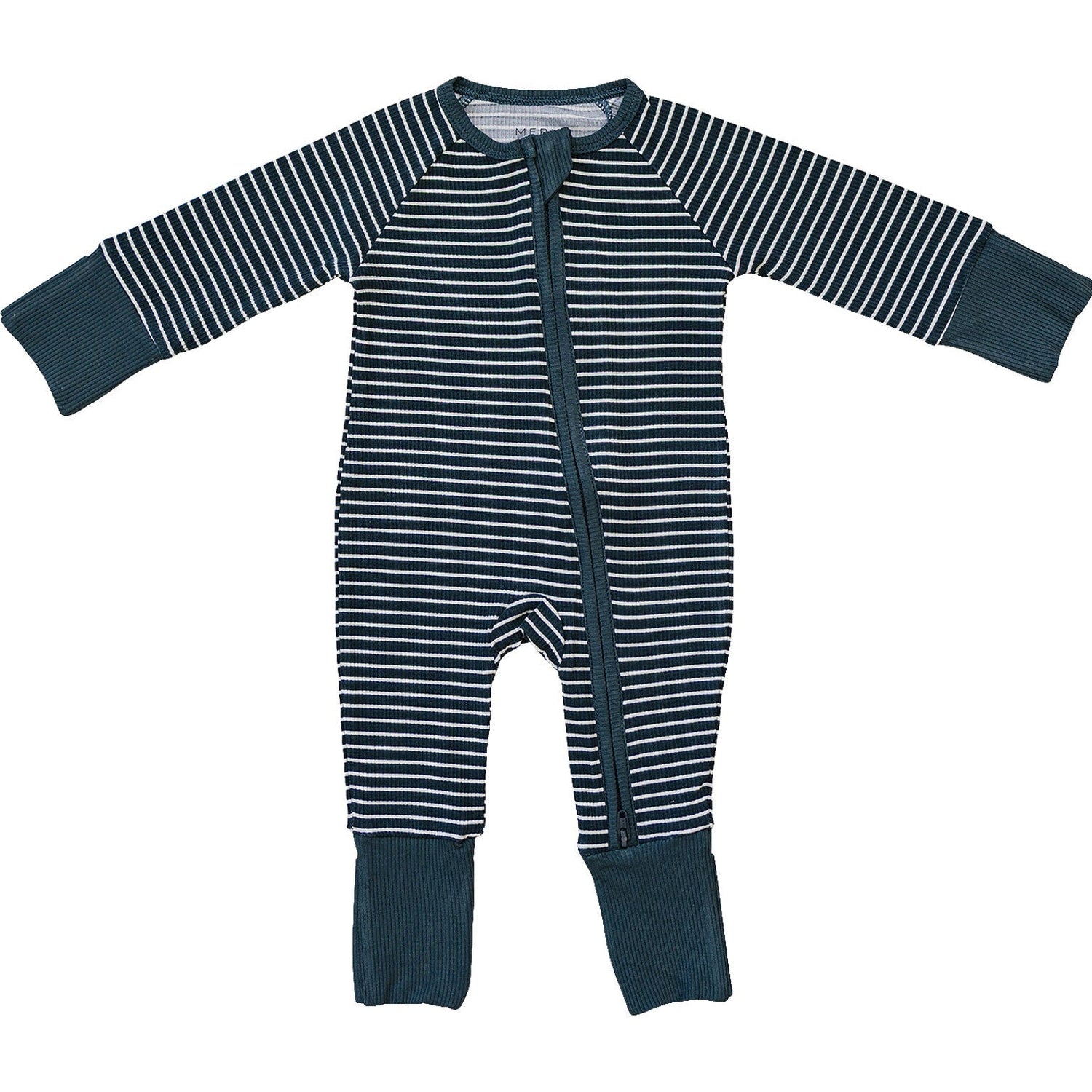 Navy and white striped ribbed bamboo footed baby pajamas with a full-length front zipper
