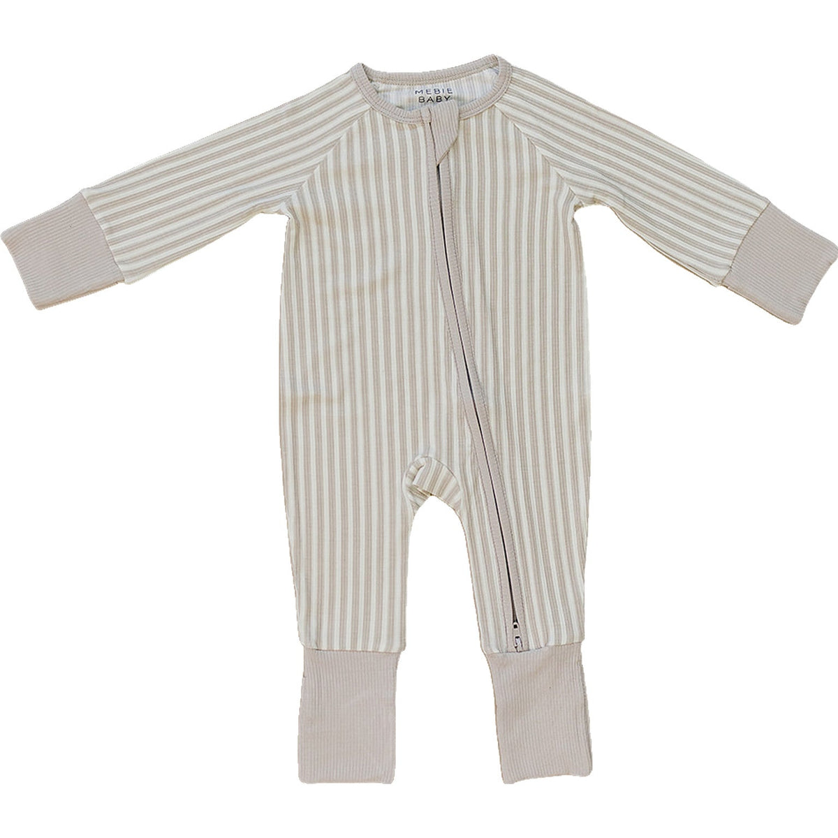 Mebie Baby Mebie Baby Taupe Stripe Ribbed Bamboo Zipper Pajamas for Babies - 