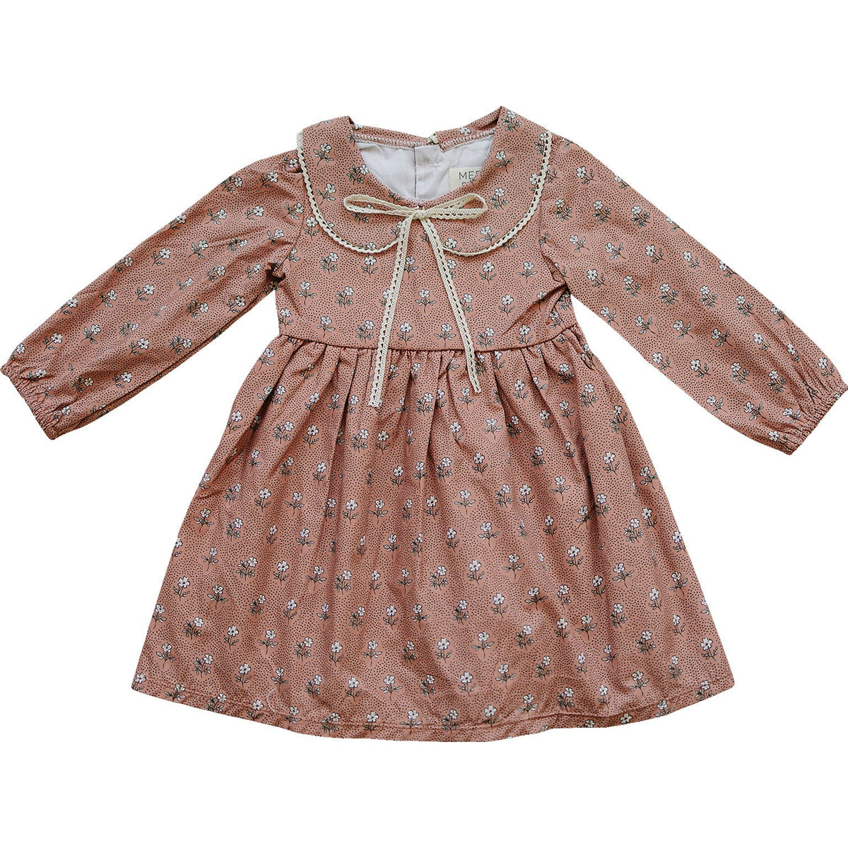 Mebie Baby Mebie Baby Vintage Pink Floral Dress Cotton Lace Peter Pan Collar Bow - 