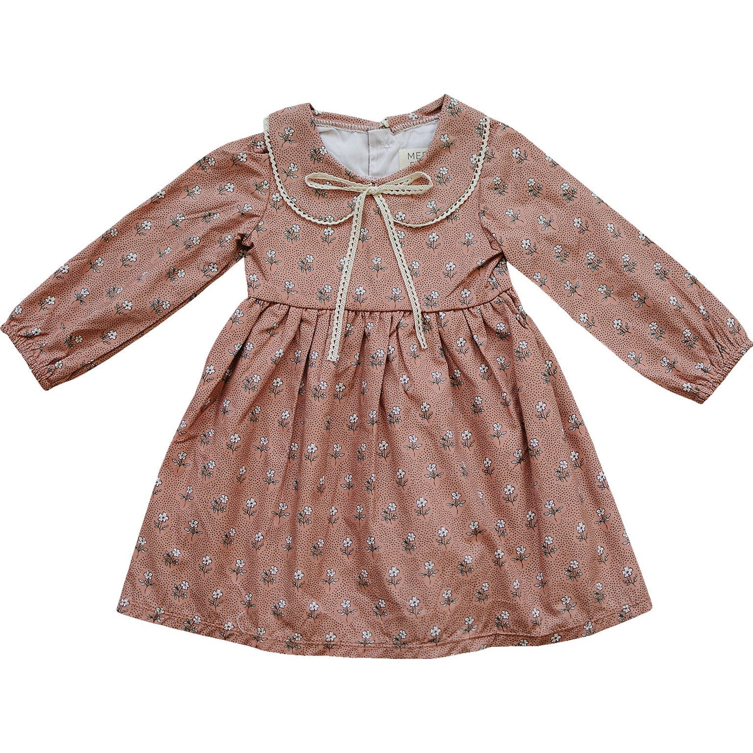 Mebie Baby Mebie Baby Vintage Pink Floral Dress Cotton Lace Peter Pan Collar Bow - 