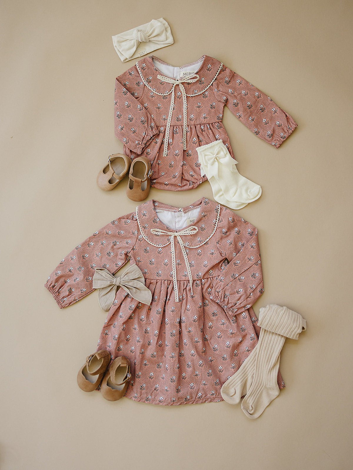 Mebie Baby Mebie Baby Vintage Pink Floral Dress Cotton Lace Peter Pan Collar Bow - 