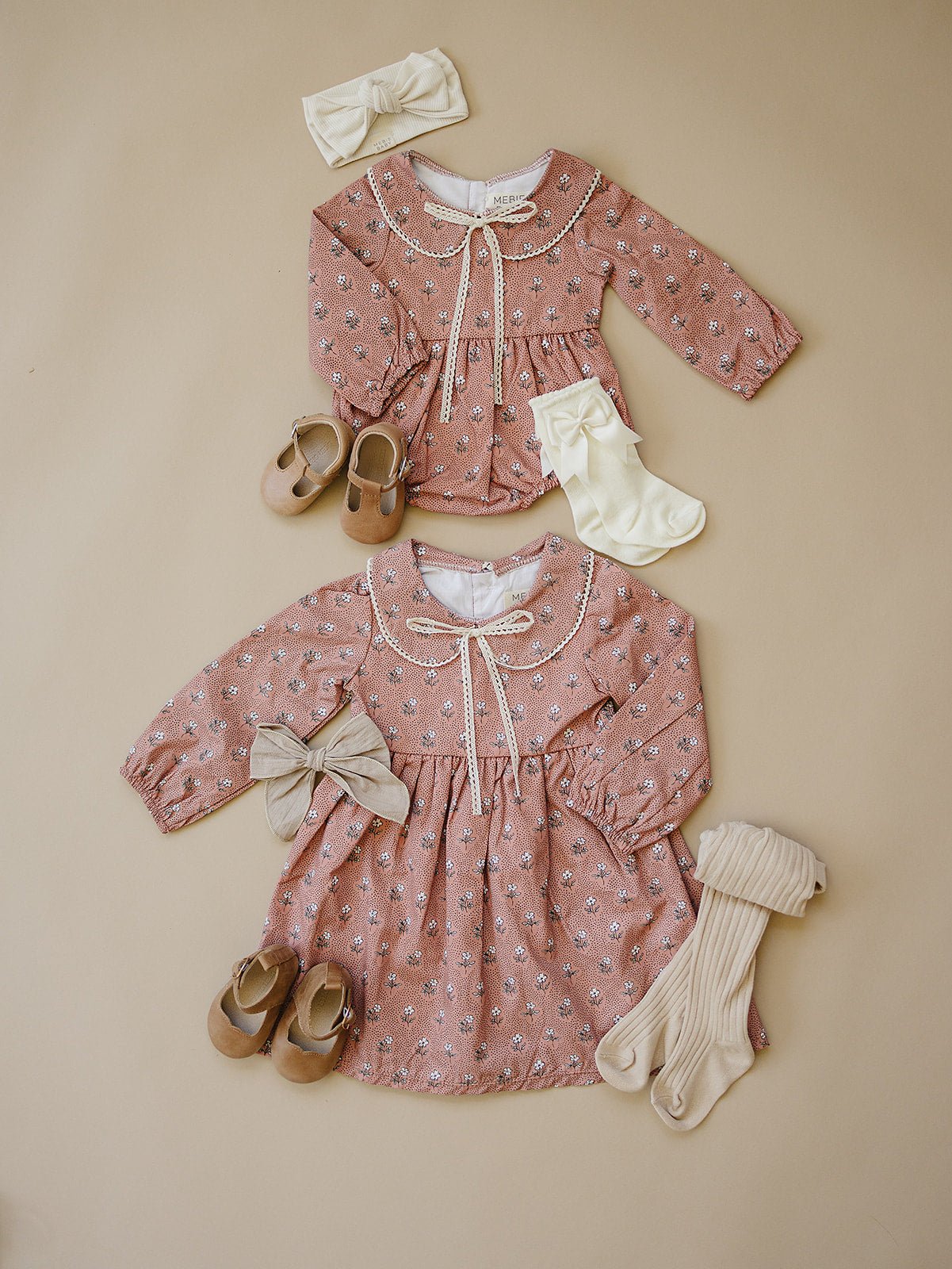Mebie Baby Mebie Baby Vintage Pink Floral Dress Cotton Lace Peter Pan Collar Bow - 