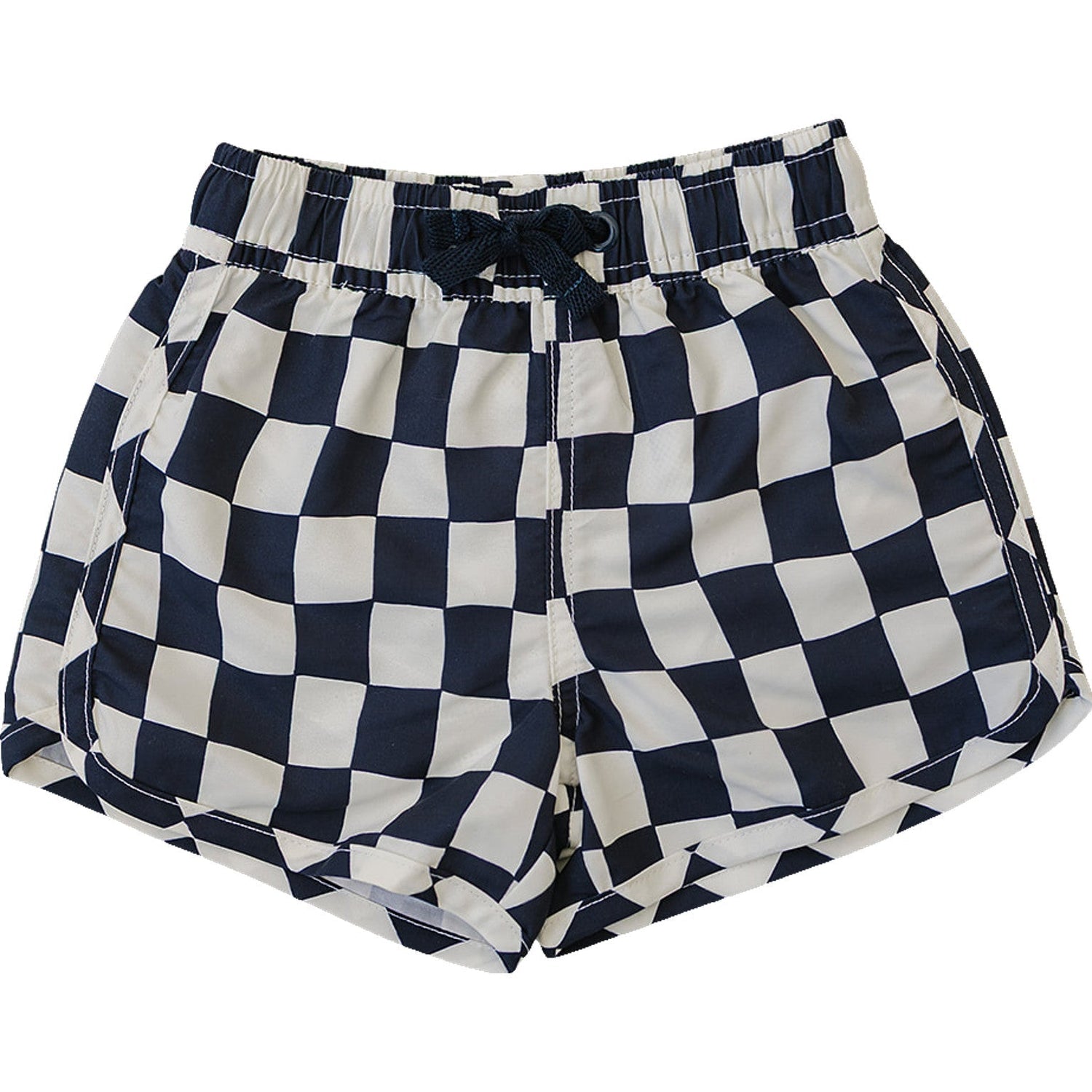 Baby swim shorts in a wavy checkered pattern with a drawstring waist