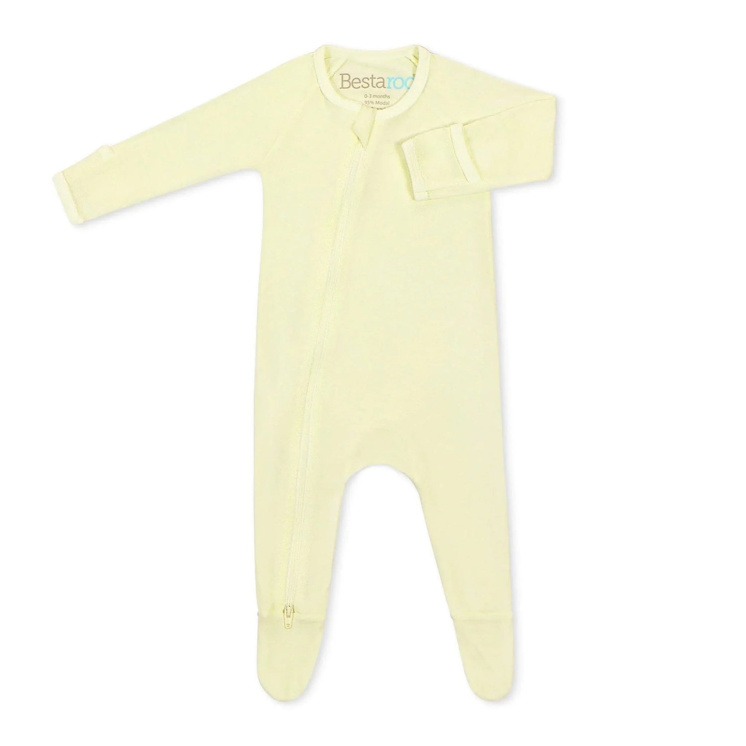 Mellow yellow baby footie with covered feet, full-length zipper, and fold-over hand mittens