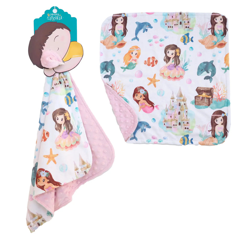 Mini Minky mermaid-themed toddler blanket, soft and portable, perfect for travel or home use.