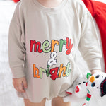Baby sweatshirt bubble in a Christmas print with a crew neckline and "Merry & Bright" holiday graphic.