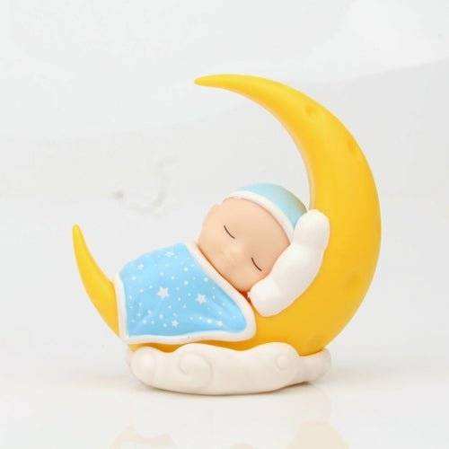 Micro-view Moon Decoration featuring a sleeping baby on a crescent moon, handmade charm for parties.