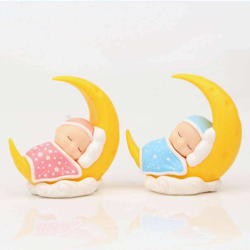 Micro-view Moon Decoration for Baby - Handmade charm with cartoon patterns in yellow crescent moon shape, available in pink and blue.