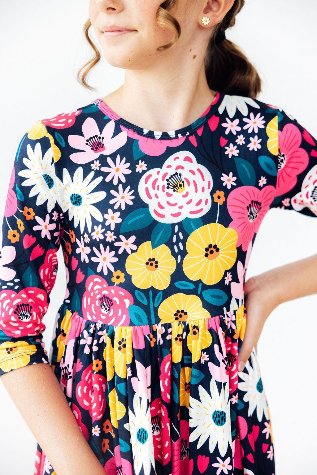 Mila & Rose ® Midnight Floral 3/4 Sleeve Pocket Twirl Dress - 