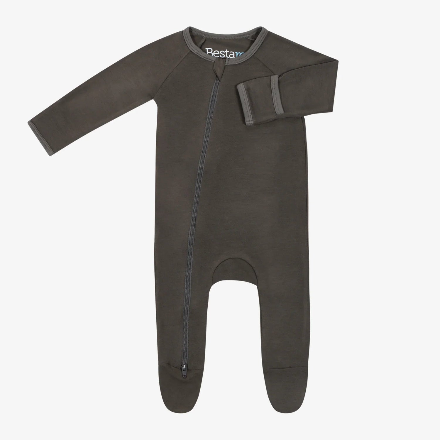 Midnight dark-toned baby footie pajama with full-length zipper, covered feet, and fold-over hand mittens