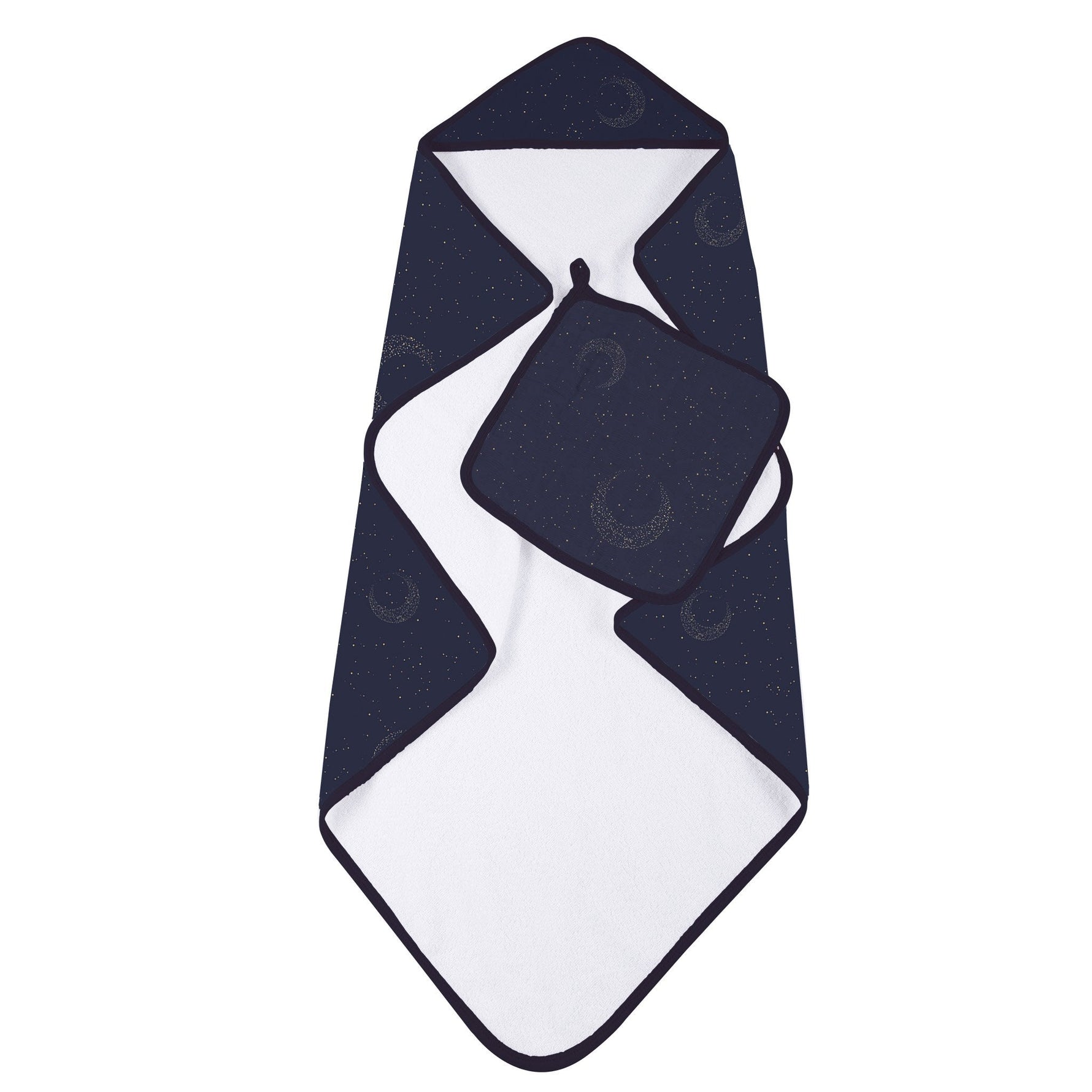 Midnight Moon bamboo hooded baby towel and matching washcloth set, folded on a soft surface.