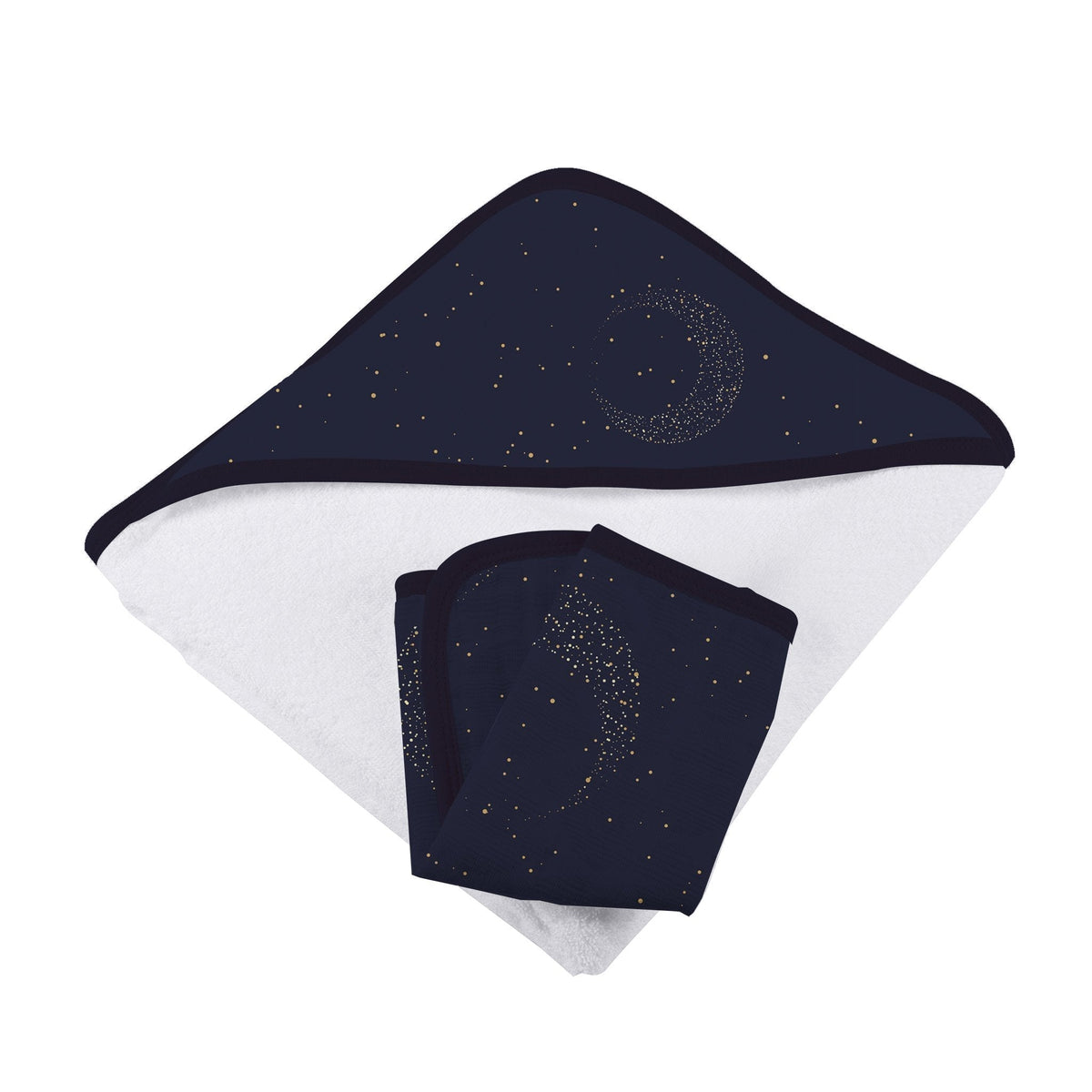 Midnight Moon bamboo hooded baby towel and matching washcloth set, folded on a soft surface.
