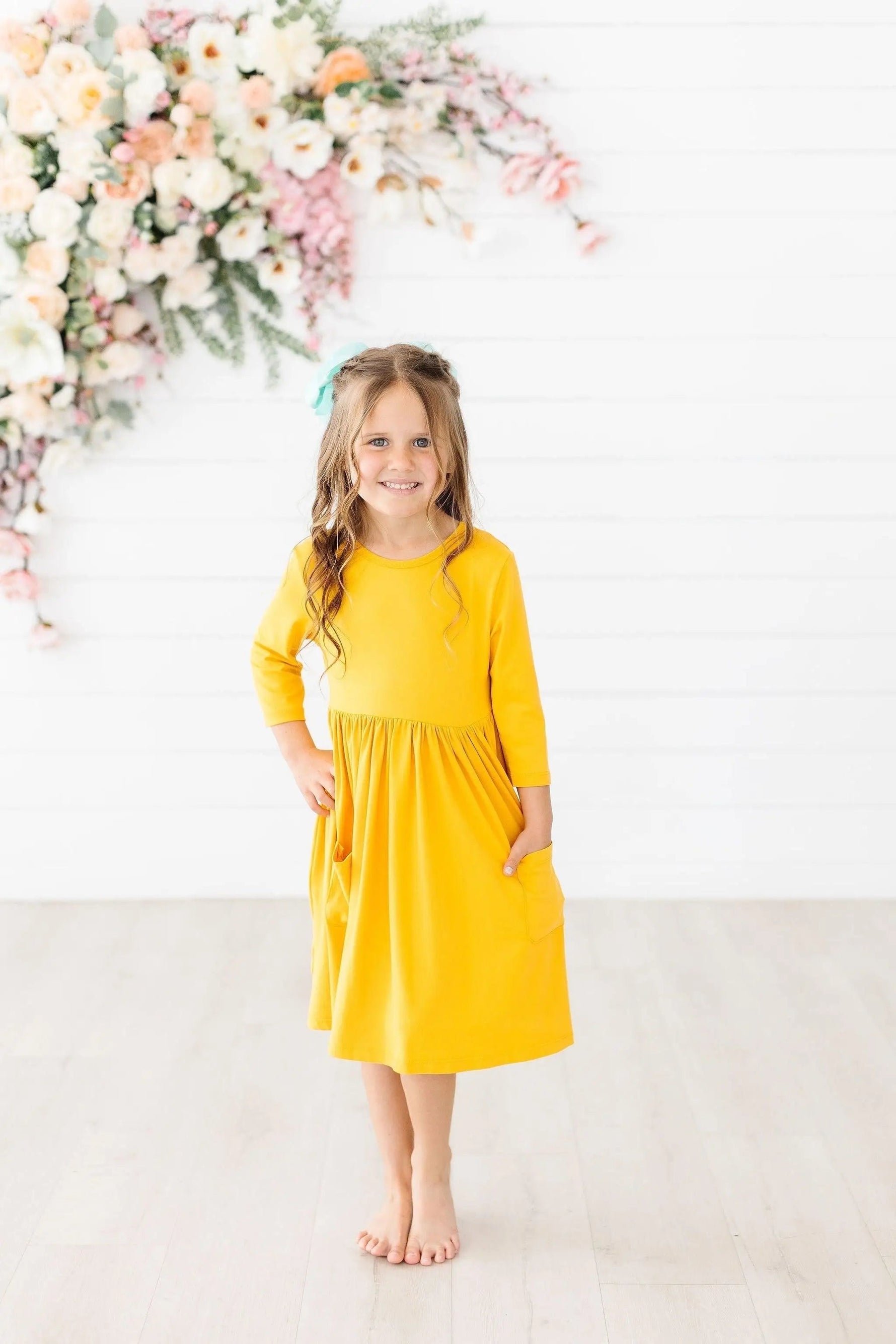 Mila & Rose ® Mila And Rose Mustard Three Quarter Sleeve Pocket Twirl Dress - 