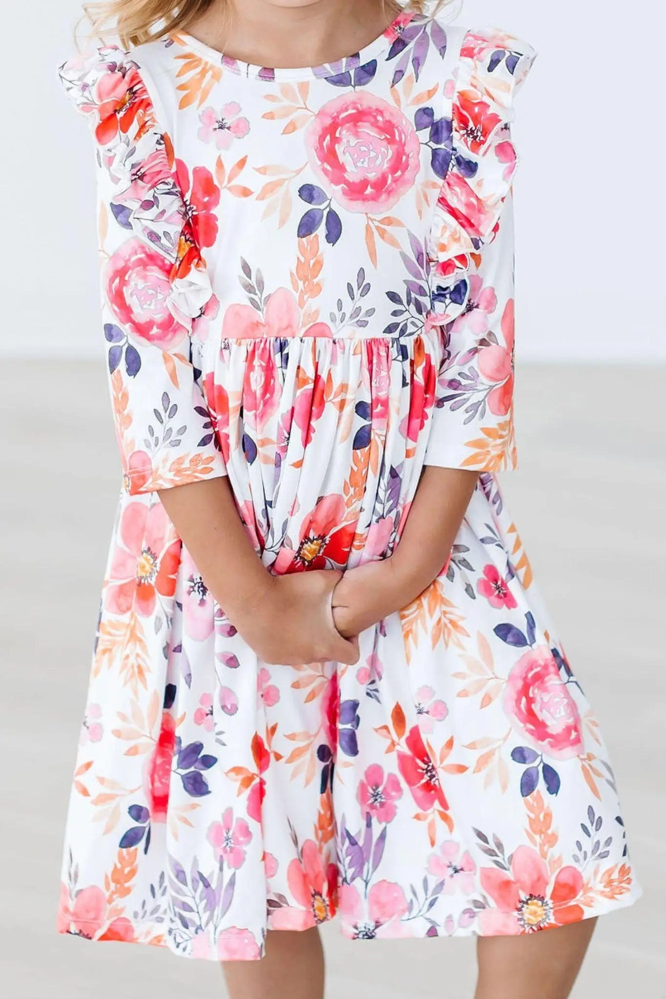 Mila & Rose ® Mila Rose Tangerine Leaves Three Quarter Sleeve Ruffle Twirl Dress For Girls - 