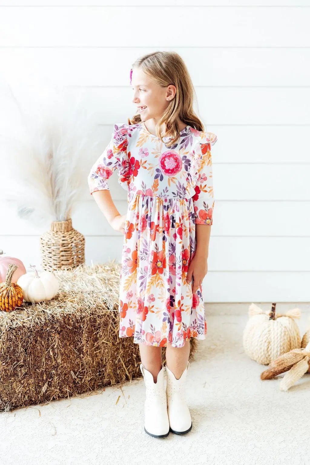 Mila & Rose ® Mila Rose Tangerine Leaves Three Quarter Sleeve Ruffle Twirl Dress For Girls - 