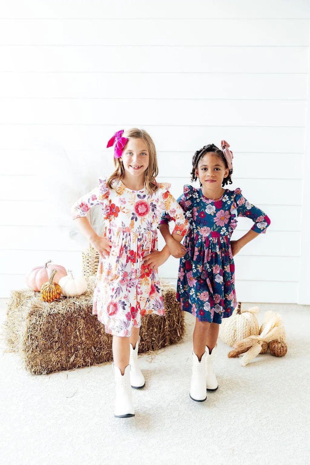 Mila & Rose ® Mila Rose Tangerine Leaves Three Quarter Sleeve Ruffle Twirl Dress For Girls - 