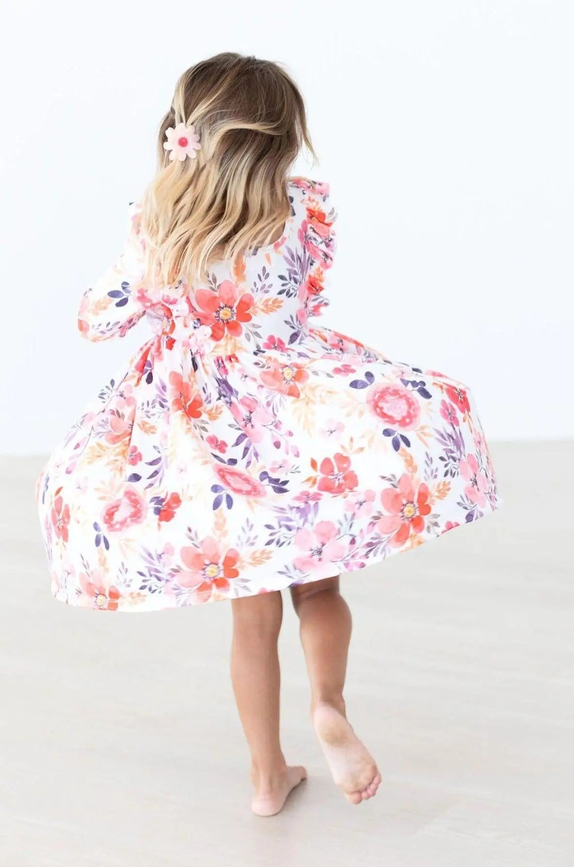Mila & Rose ® Mila Rose Tangerine Leaves Three Quarter Sleeve Ruffle Twirl Dress For Girls - 