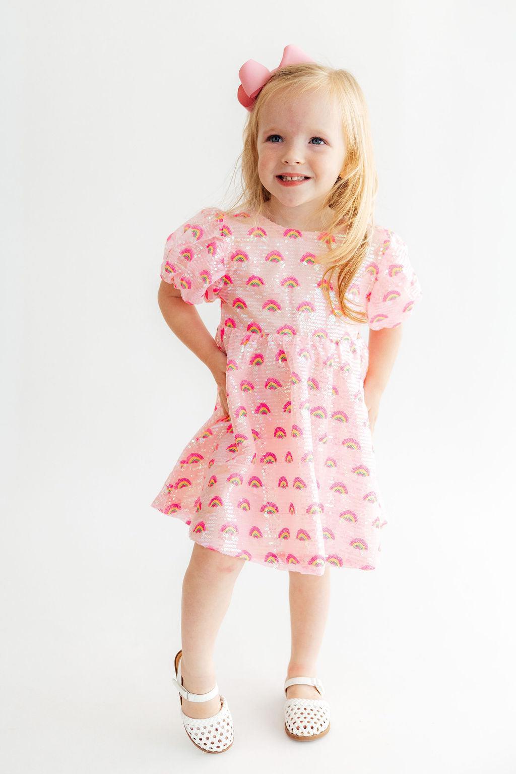 Pink Rainbow Puff Sleeve Sequin Dress by Mila & Rose ®