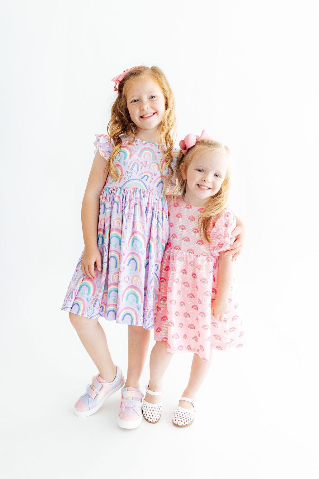 Pink Rainbow Puff Sleeve Sequin Dress by Mila & Rose ®