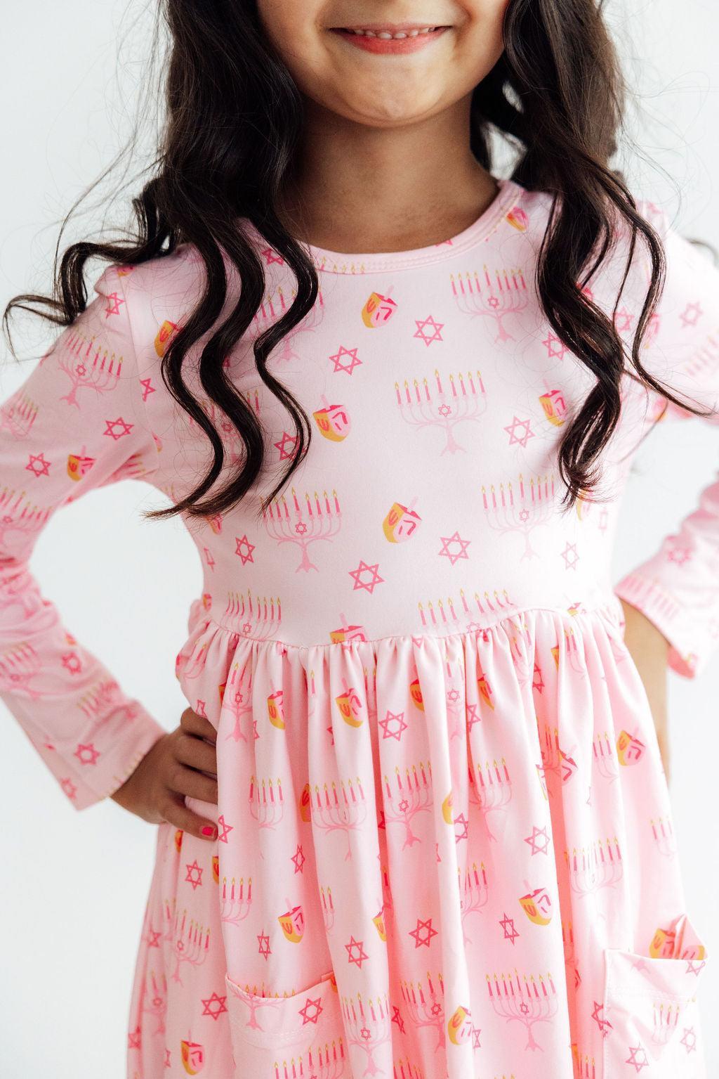 Pink Dreidel Darling L/S Pocket Twirl Dress by Mila & Rose ®
