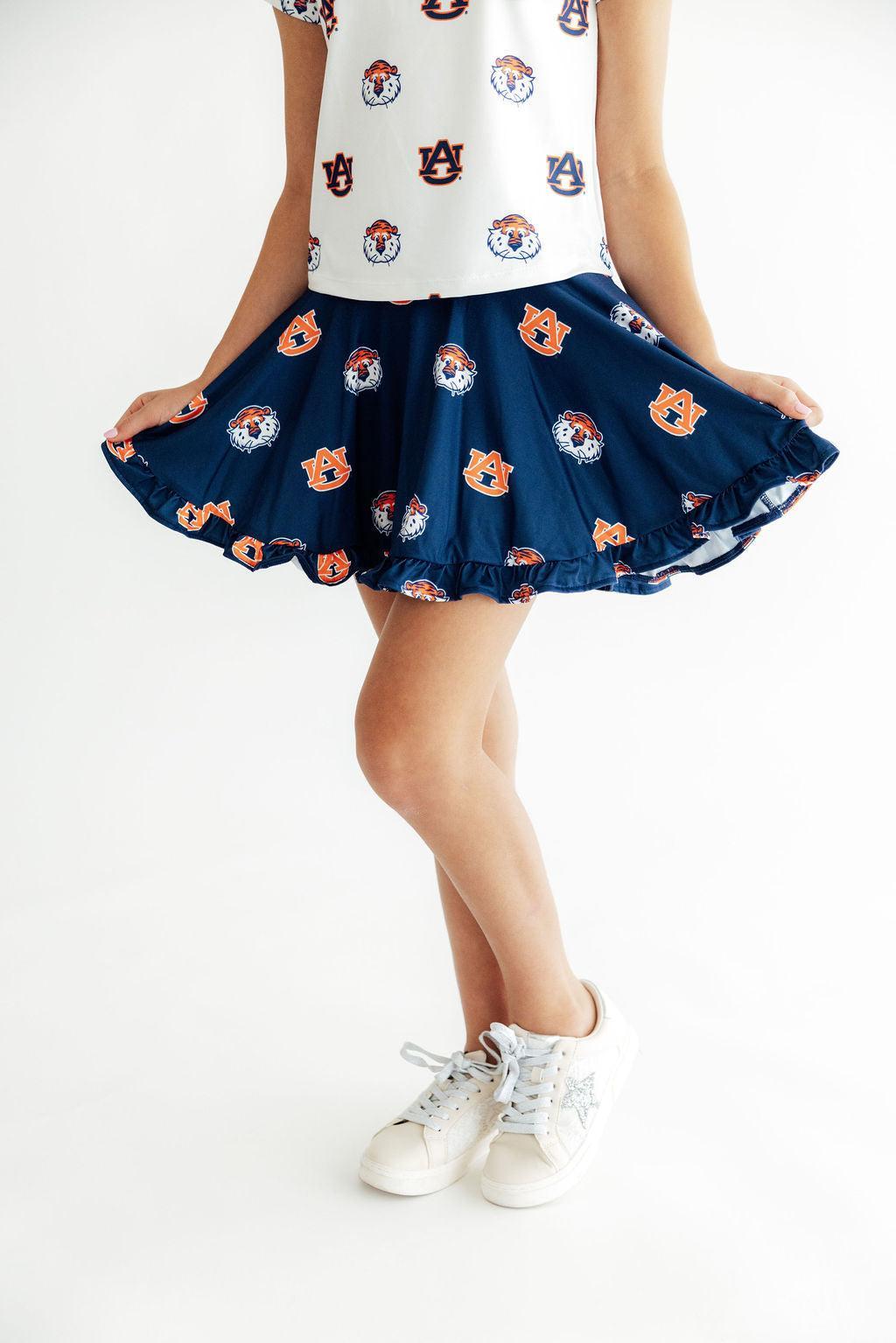 Auburn blue ruffle twirl skort with Aubie tiger design for girls