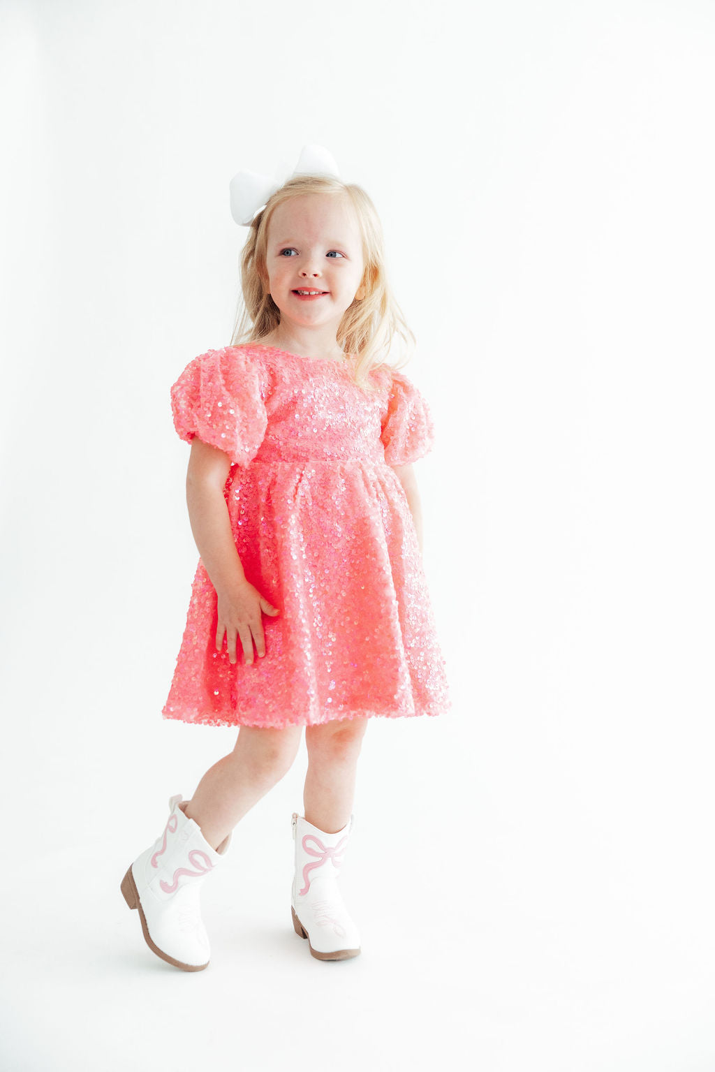 Neon Pink Puff Sleeve Sequin Dress by Mila & Rose ®