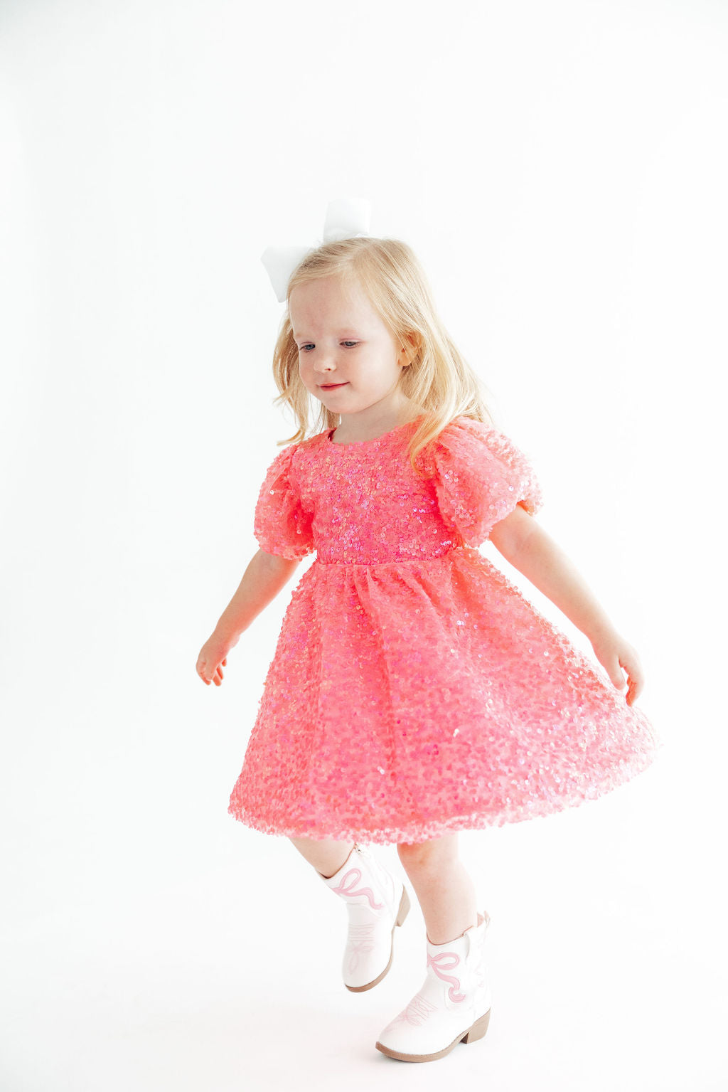 Neon Pink Puff Sleeve Sequin Dress by Mila & Rose ®