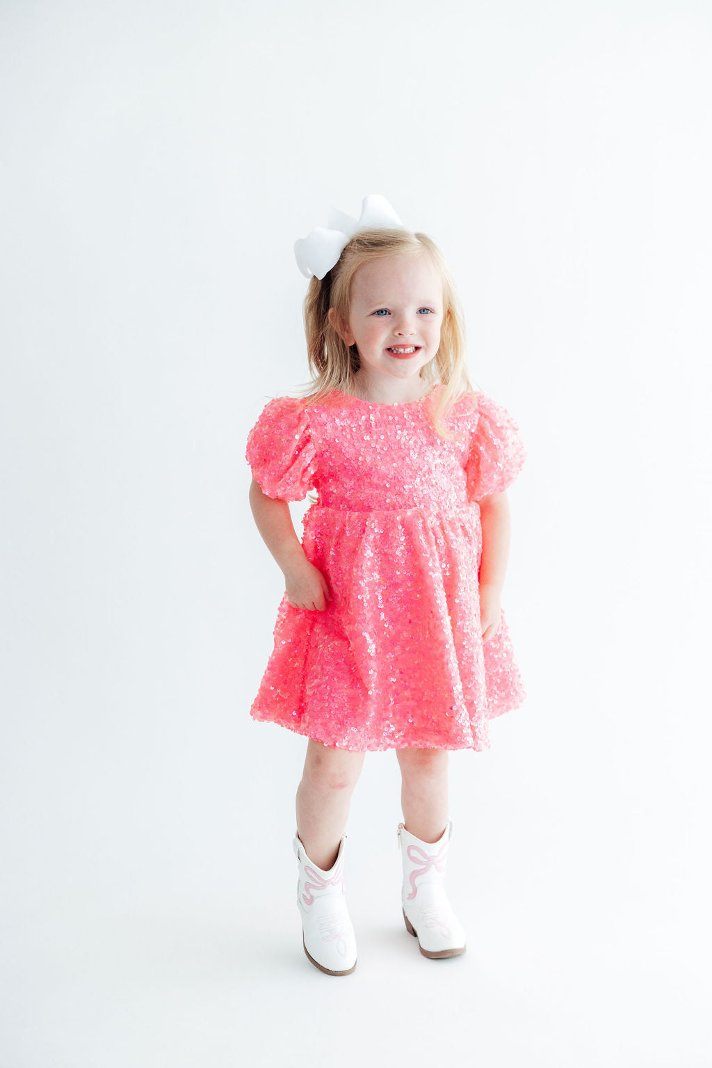 Neon Pink Puff Sleeve Sequin Dress by Mila & Rose ®