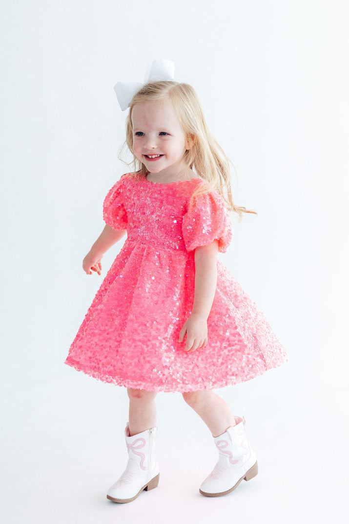 Neon Pink Puff Sleeve Sequin Dress by Mila & Rose ®