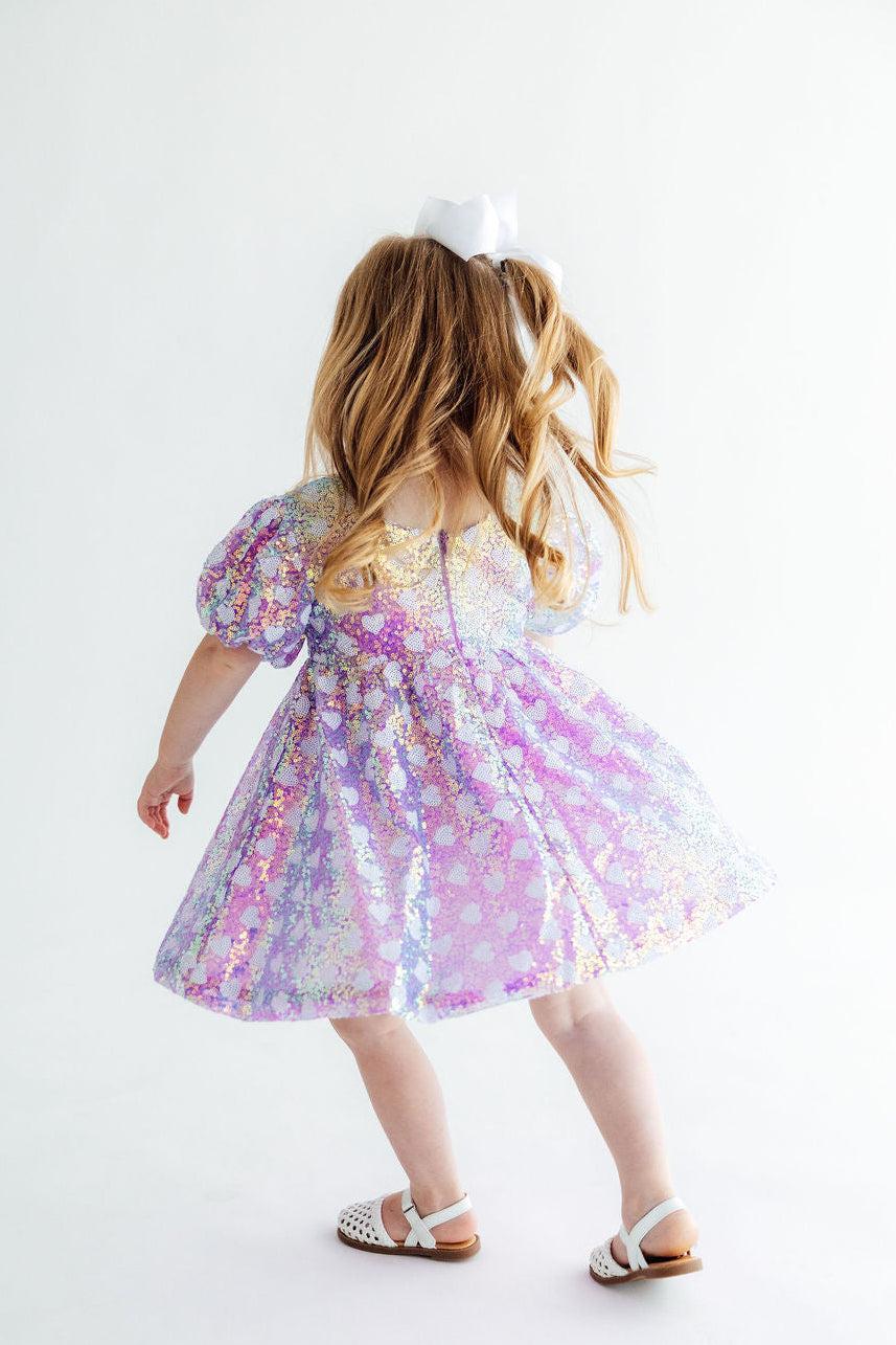 Periwinkle Heart Puff Sleeve Sequin Dress by Mila & Rose ®