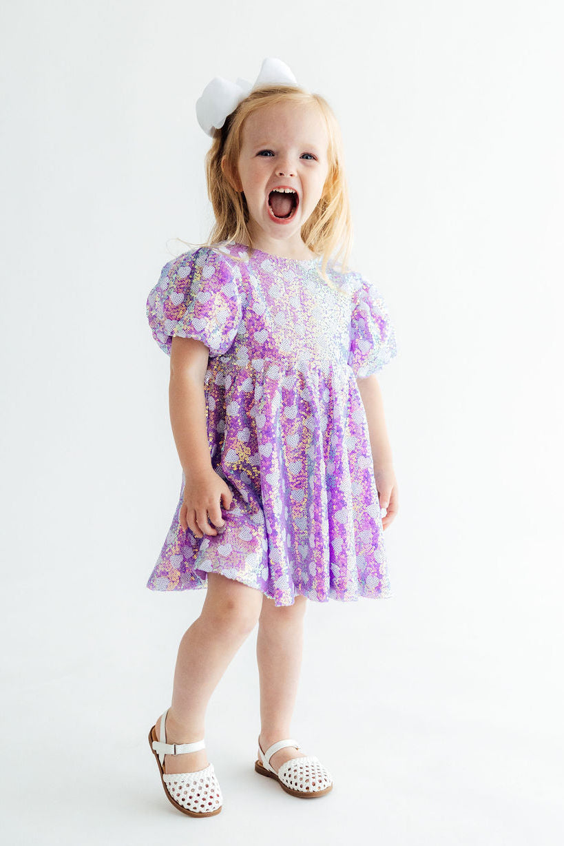Periwinkle Heart Puff Sleeve Sequin Dress by Mila & Rose ®