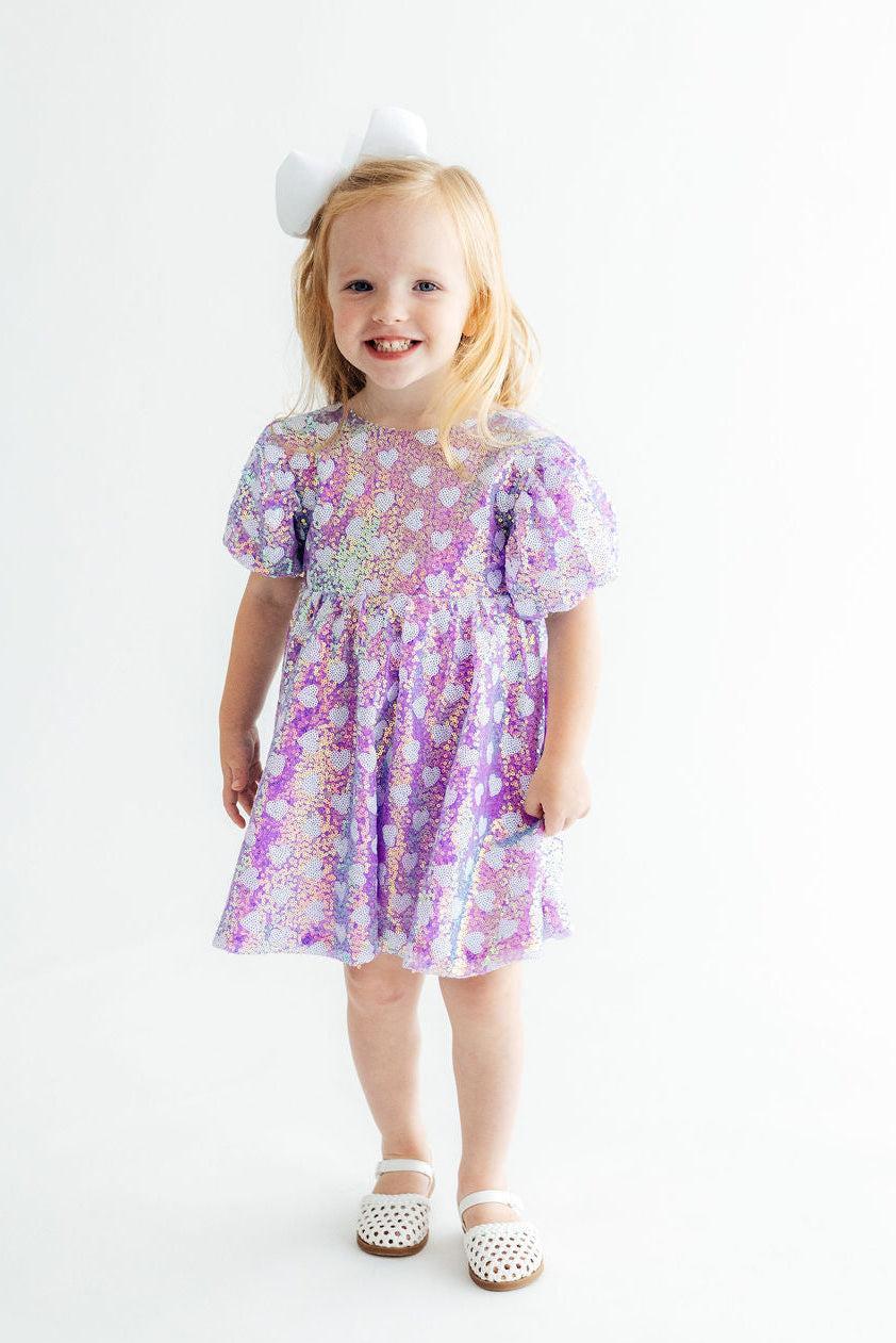 Periwinkle Heart Puff Sleeve Sequin Dress by Mila & Rose ®
