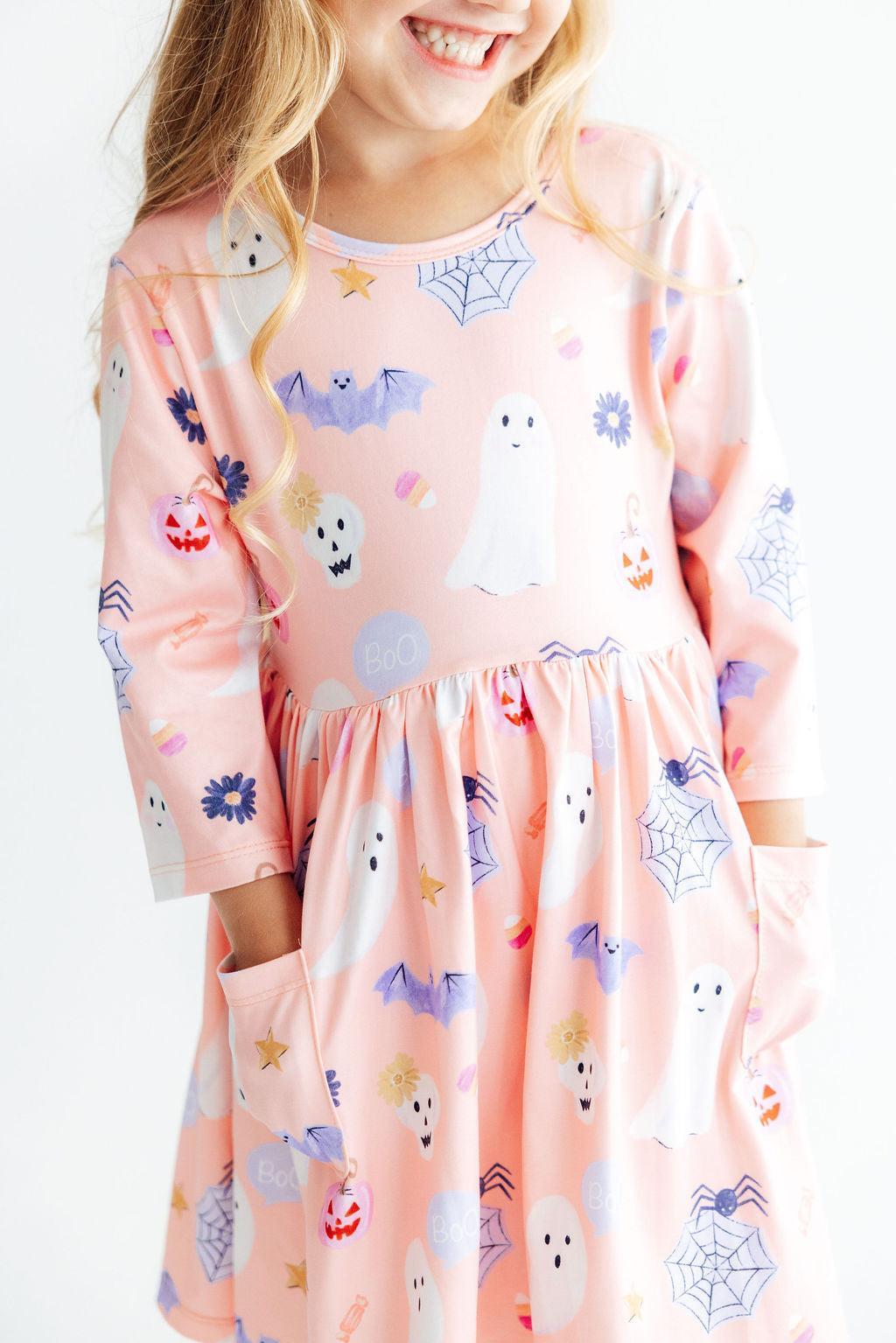 Twirl dress with 3/4 sleeves, pockets, and a spooky sweetheart Halloween print