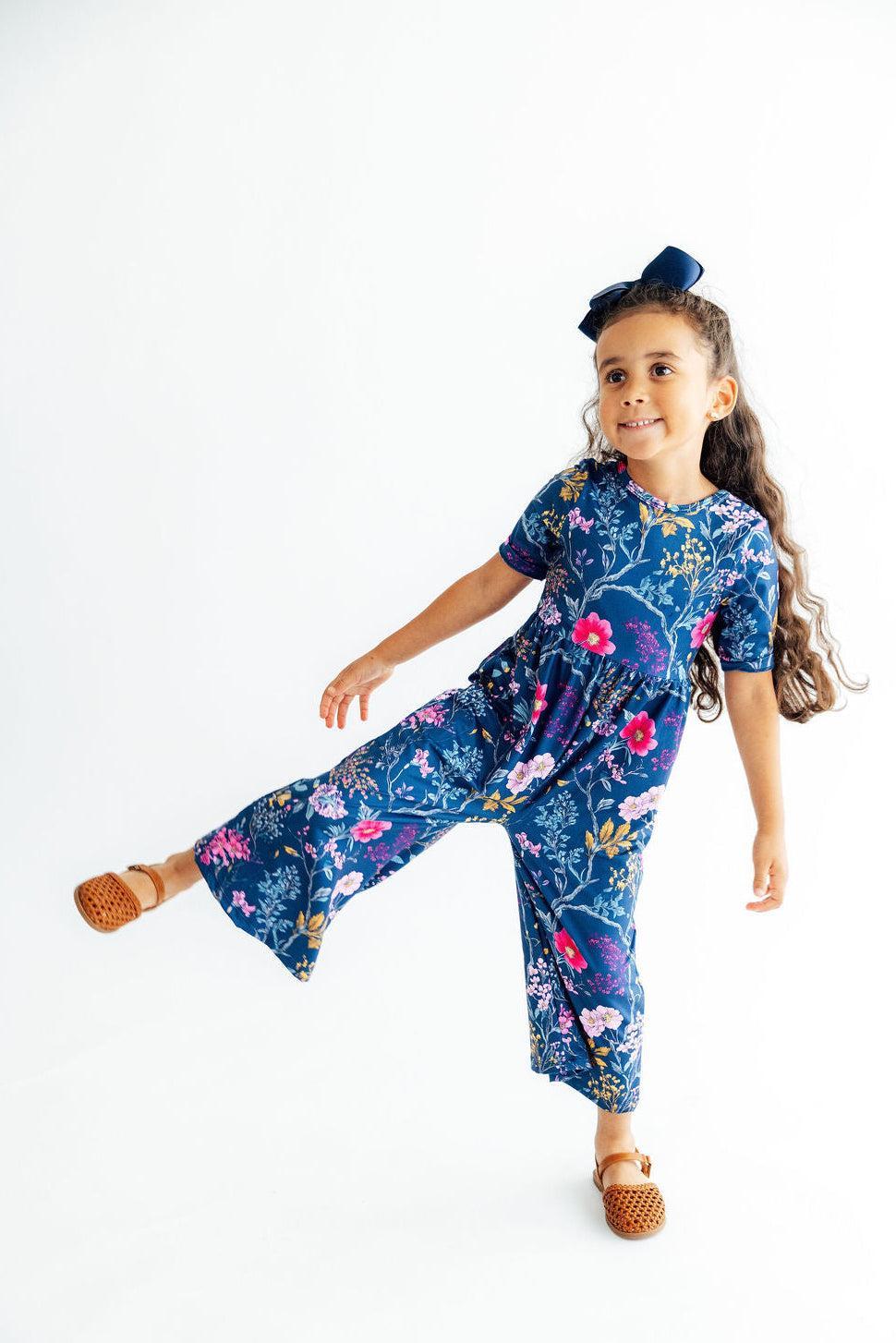 Girls wide leg jumpsuit with floral bud print, high front neckline and scooped back