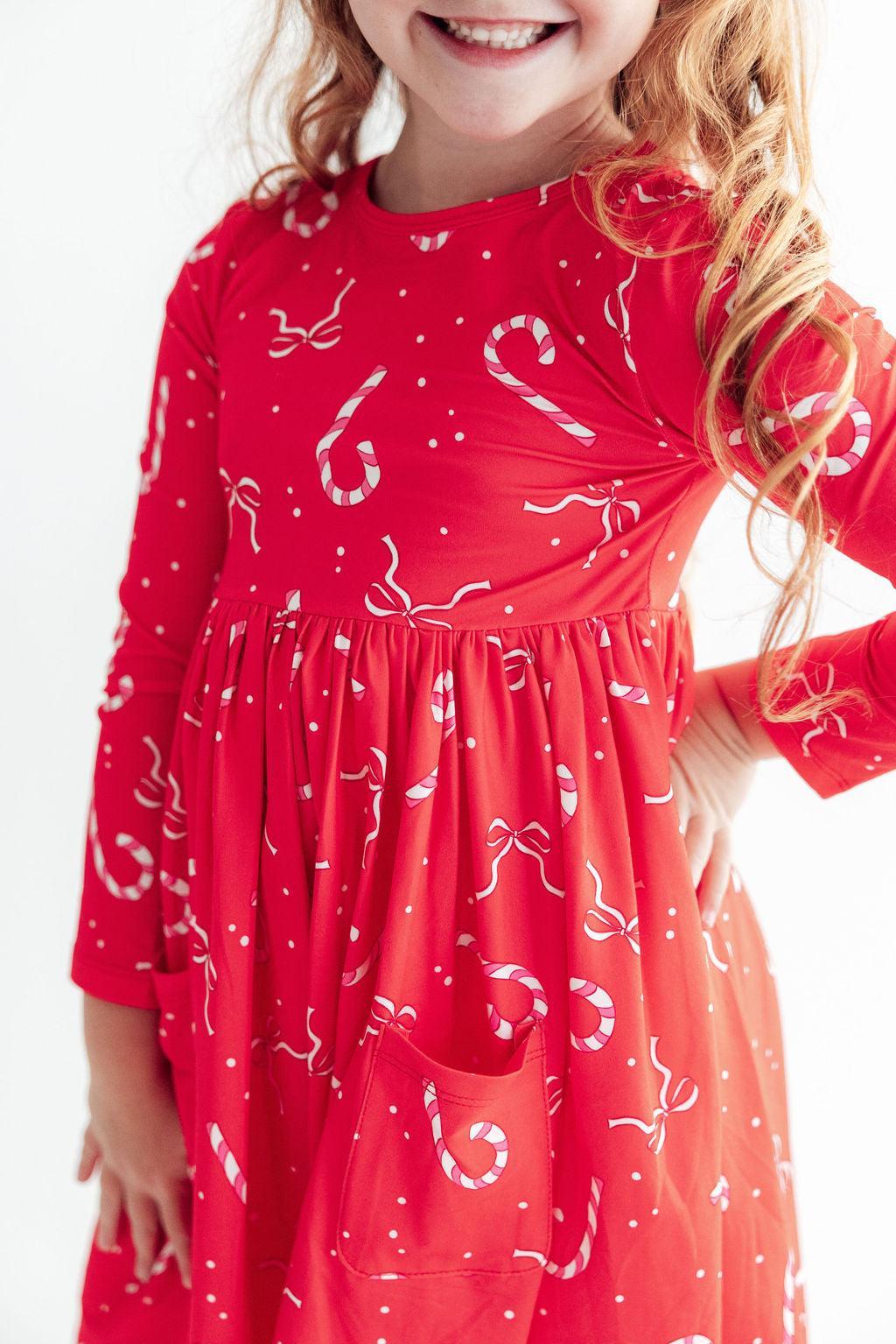 Long sleeve twirl dress in peppermint print with pockets, ballet neckline and full skirt